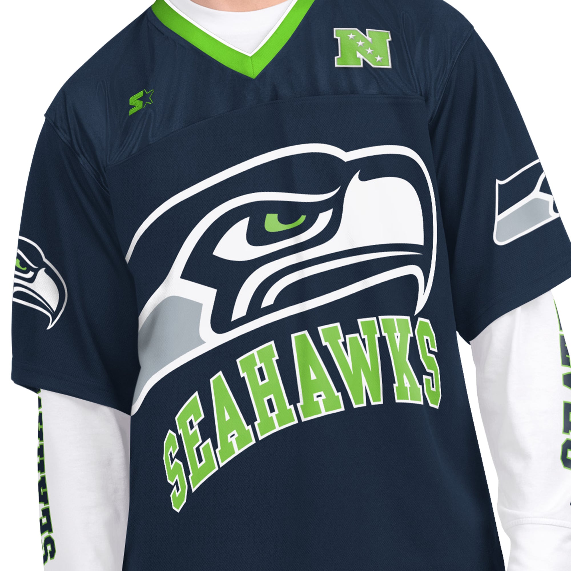 Pack de t-shirts à manches courtes et longues Starter College pour hommes, bleu marine blanc, Seattle Seahawks