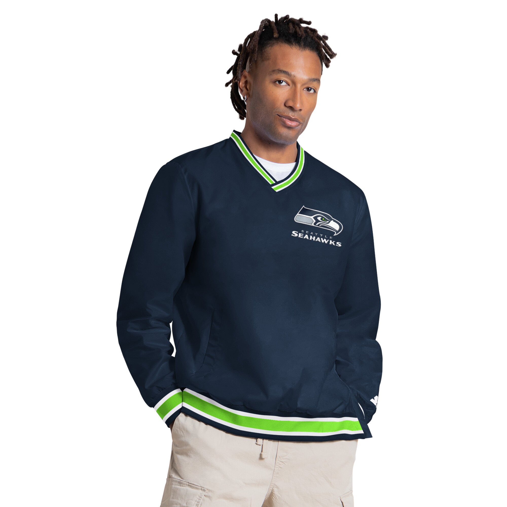 Pull à col en V Starter Jaxon Smith-Njigba College Navy Seattle Seahawks pour homme
