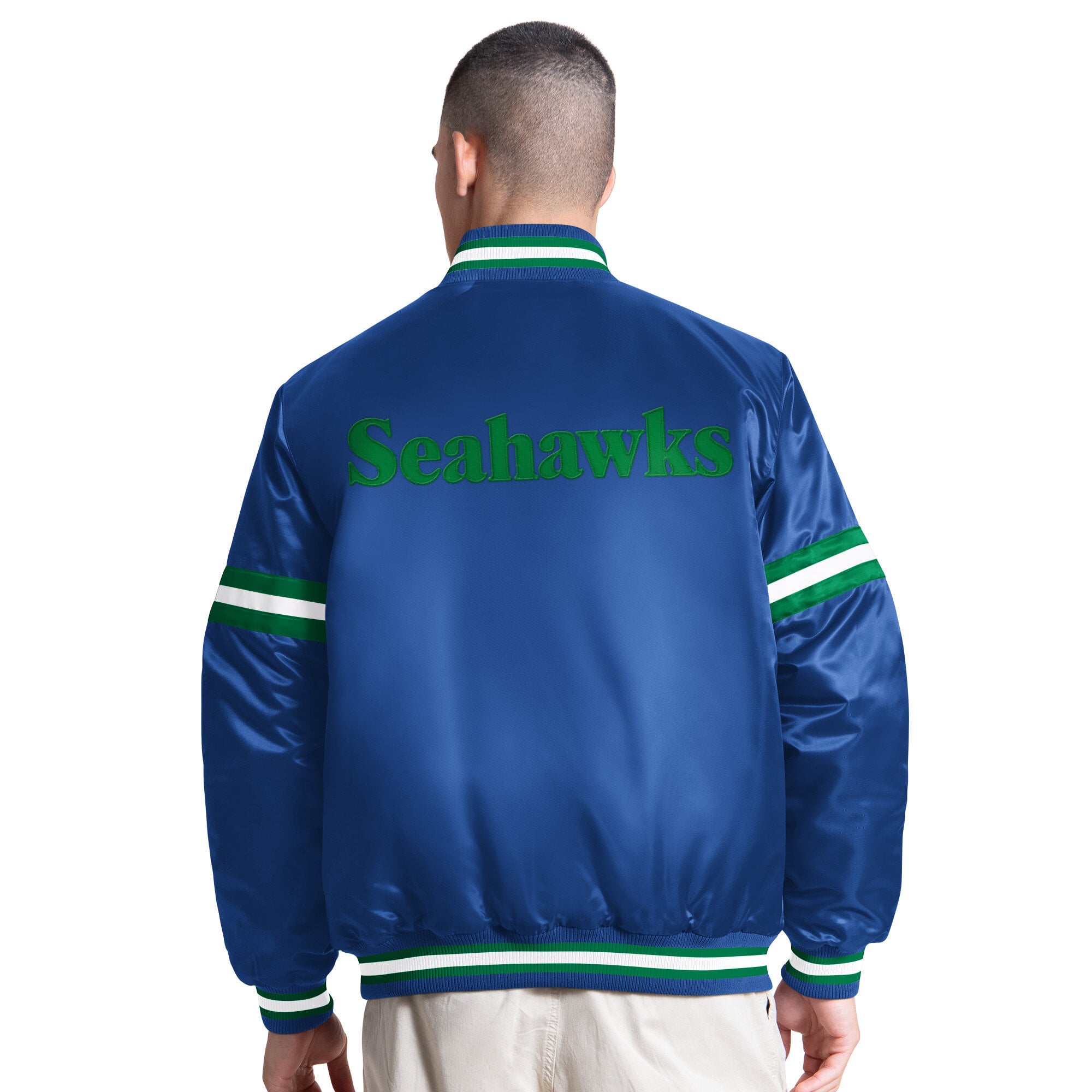 Veste universitaire rétro à logo Seattle Seahawks Courtside pour homme, couleur Royal Starter, entièrement boutonnée.