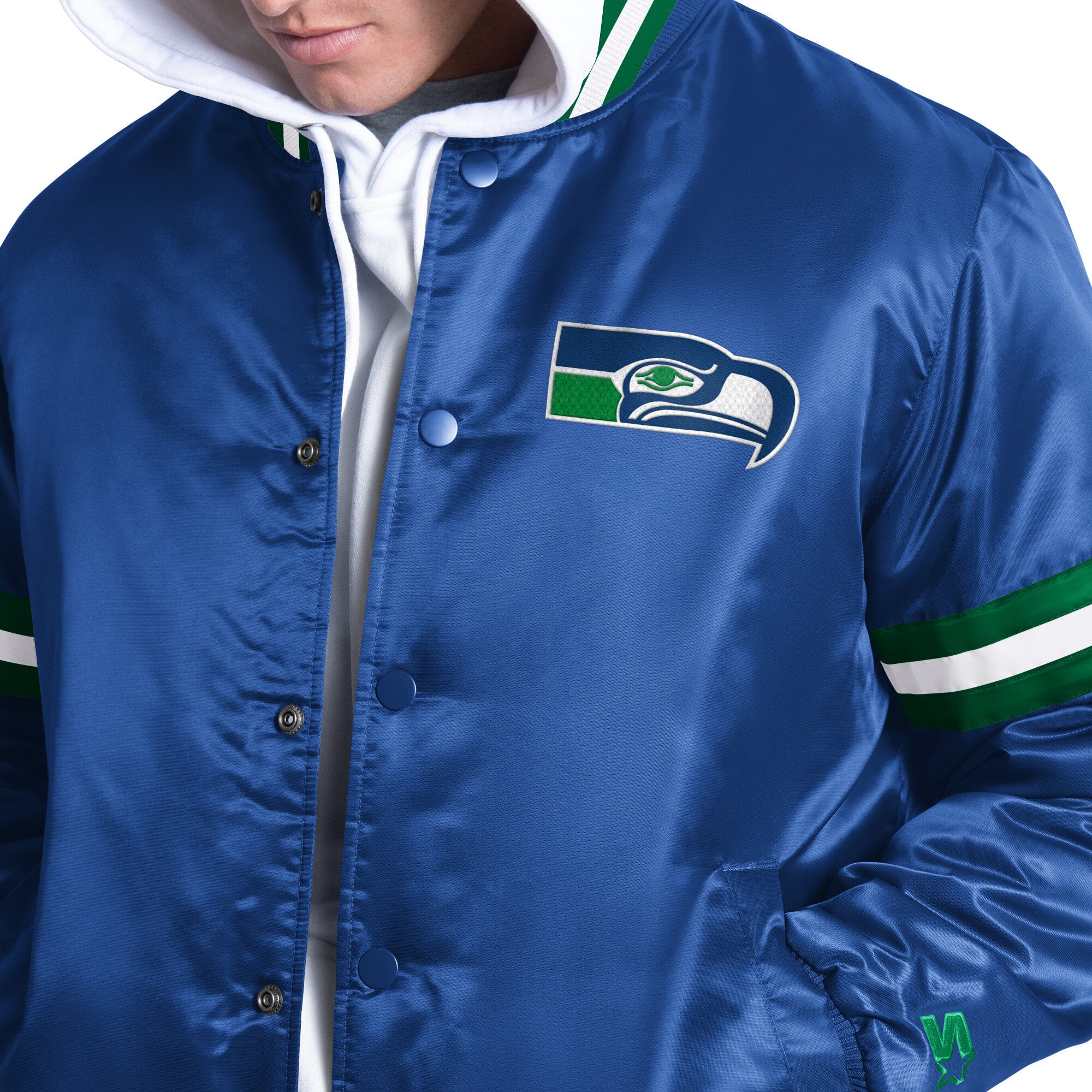 Veste universitaire rétro à logo Seattle Seahawks Courtside pour homme, couleur Royal Starter, entièrement boutonnée.