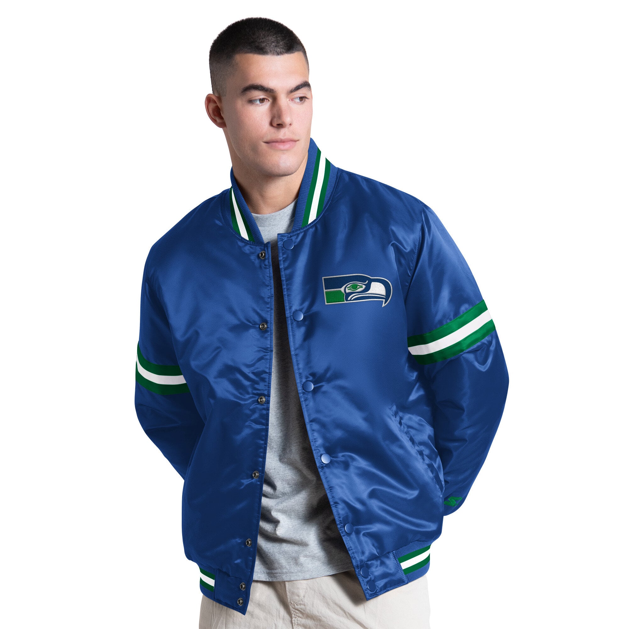 Veste universitaire rétro à logo Seattle Seahawks Courtside pour homme, couleur Royal Starter, entièrement boutonnée.