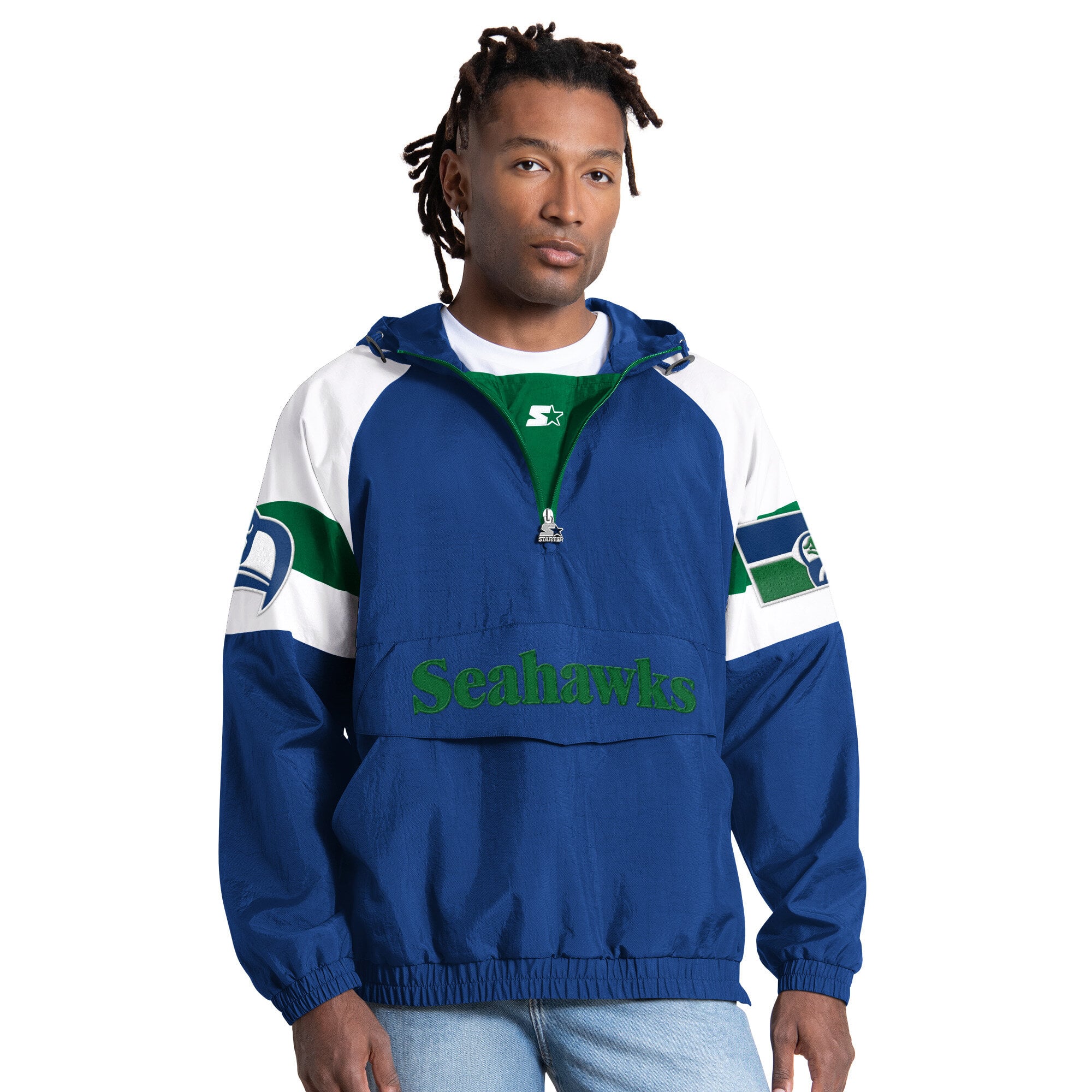 Men's Starter Royal Seattle Seahawks Street Cut Retro Logo Half-Zip Jacket