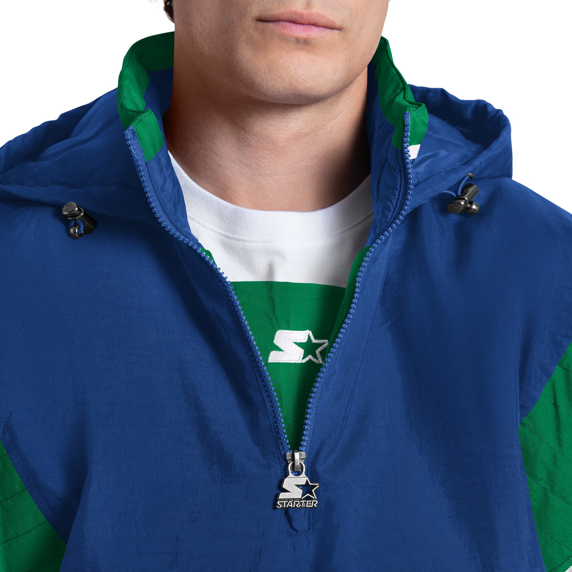 Veste à capuche demi-zip Starter Royal Seattle Seahawks pour homme, logo rétro, modèle Throwback