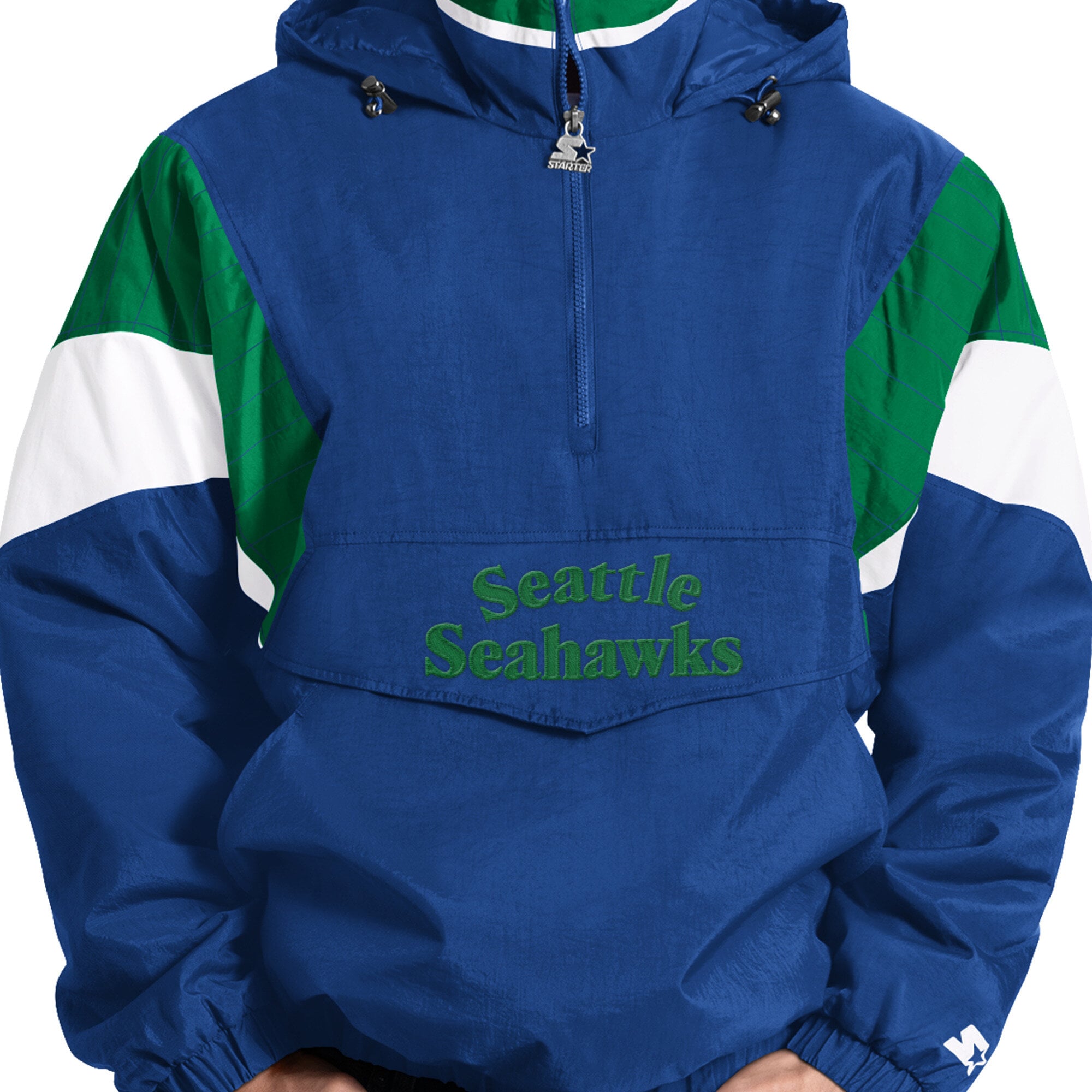 Veste à capuche demi-zip Starter Royal Seattle Seahawks pour homme, logo rétro, modèle Throwback