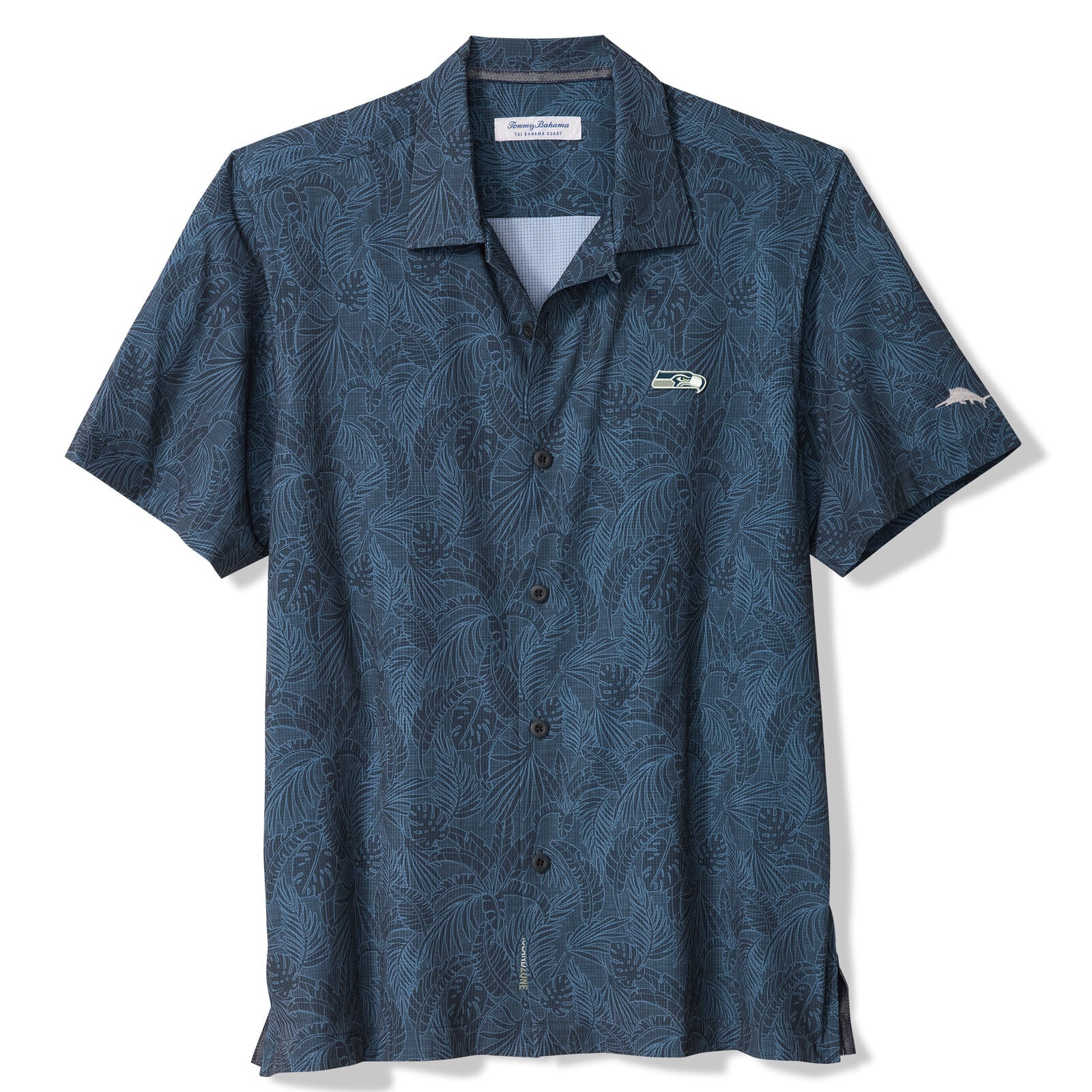 Chemise à manches courtes boutonnée Tommy Bahama College Navy Seattle Seahawks Saltwater Fronds pour homme