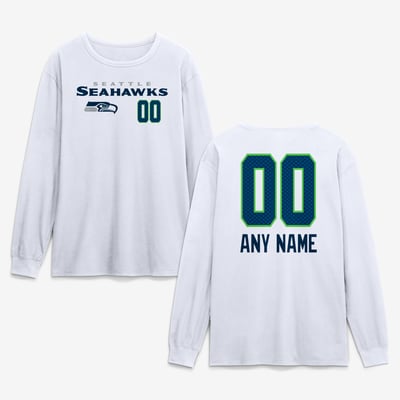 Seattle Seahawks  Touchdown Wordmark Personalized Name & Number Long Sleeve T-Shirt - White