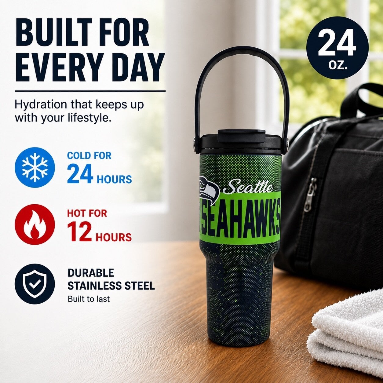 Gourde Pegasus Seattle Seahawks 710 ml (24 oz) en acier inoxydable à dégradé moucheté et double bouchon