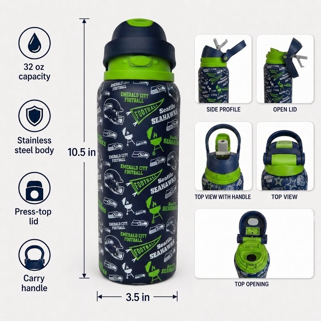 Gourde Pegasus Seattle Seahawks 32 oz, fanion de match, en acier inoxydable ProPress