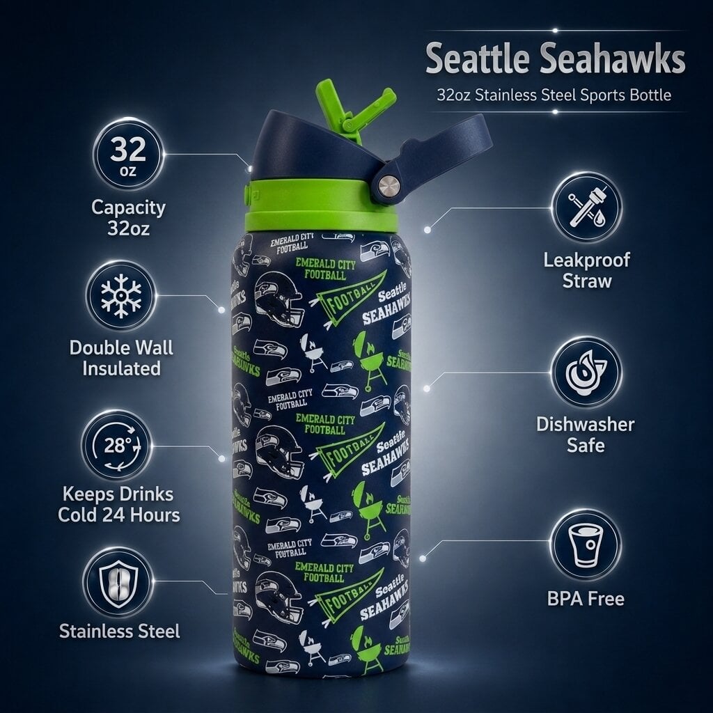 Gourde Pegasus Seattle Seahawks 32 oz, fanion de match, en acier inoxydable ProPress