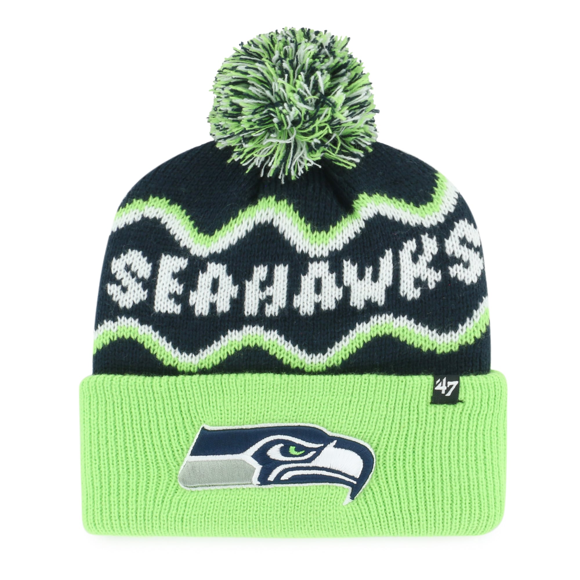 Bonnet tricoté à revers style gribouillis Seattle Seahawks, année maternelle 47, style universitaire, marine.