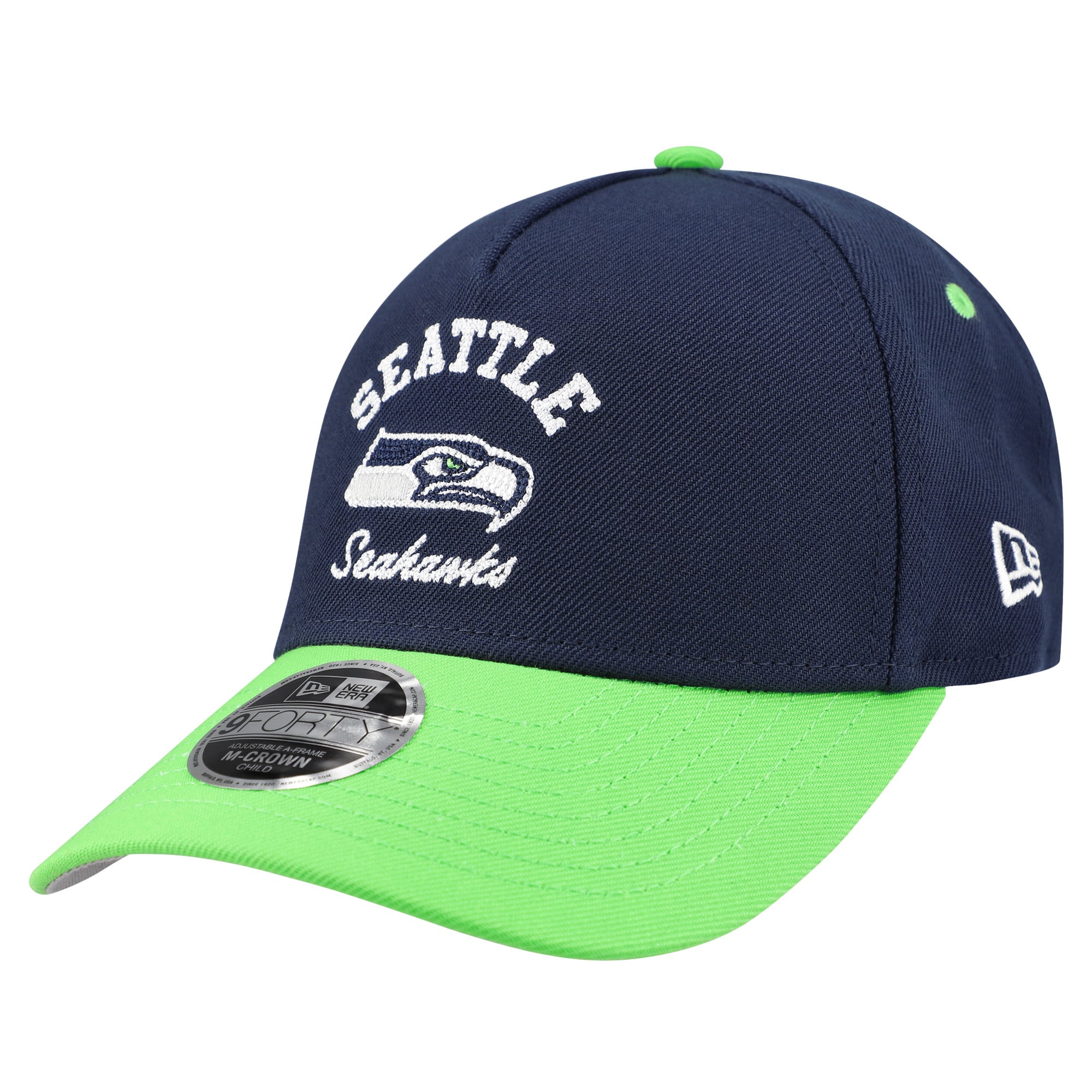 Casquette ajustable New Era College Navy Seattle Seahawks Arch 9FORTY A-Frame M-Crown pour enfants d'âge préscolaire