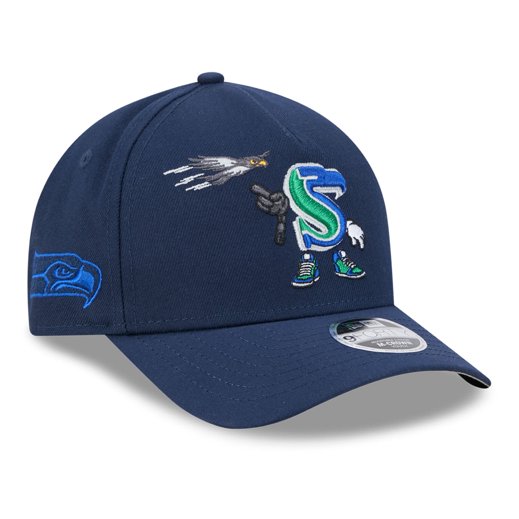 Casquette ajustable New Era College Navy Seattle Seahawks Cartoon 9FORTY M-Crown A-Frame pour enfants d'âge préscolaire