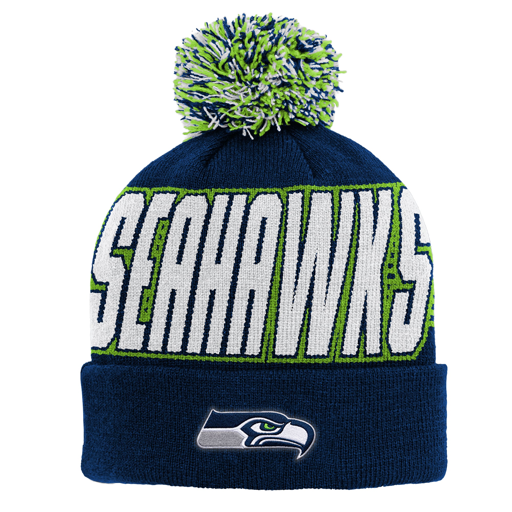 Bonnet tricoté à revers avec pompon, modèle Seattle Seahawks, bleu marine, pour enfants d'âge préscolaire (Outerstuff College).