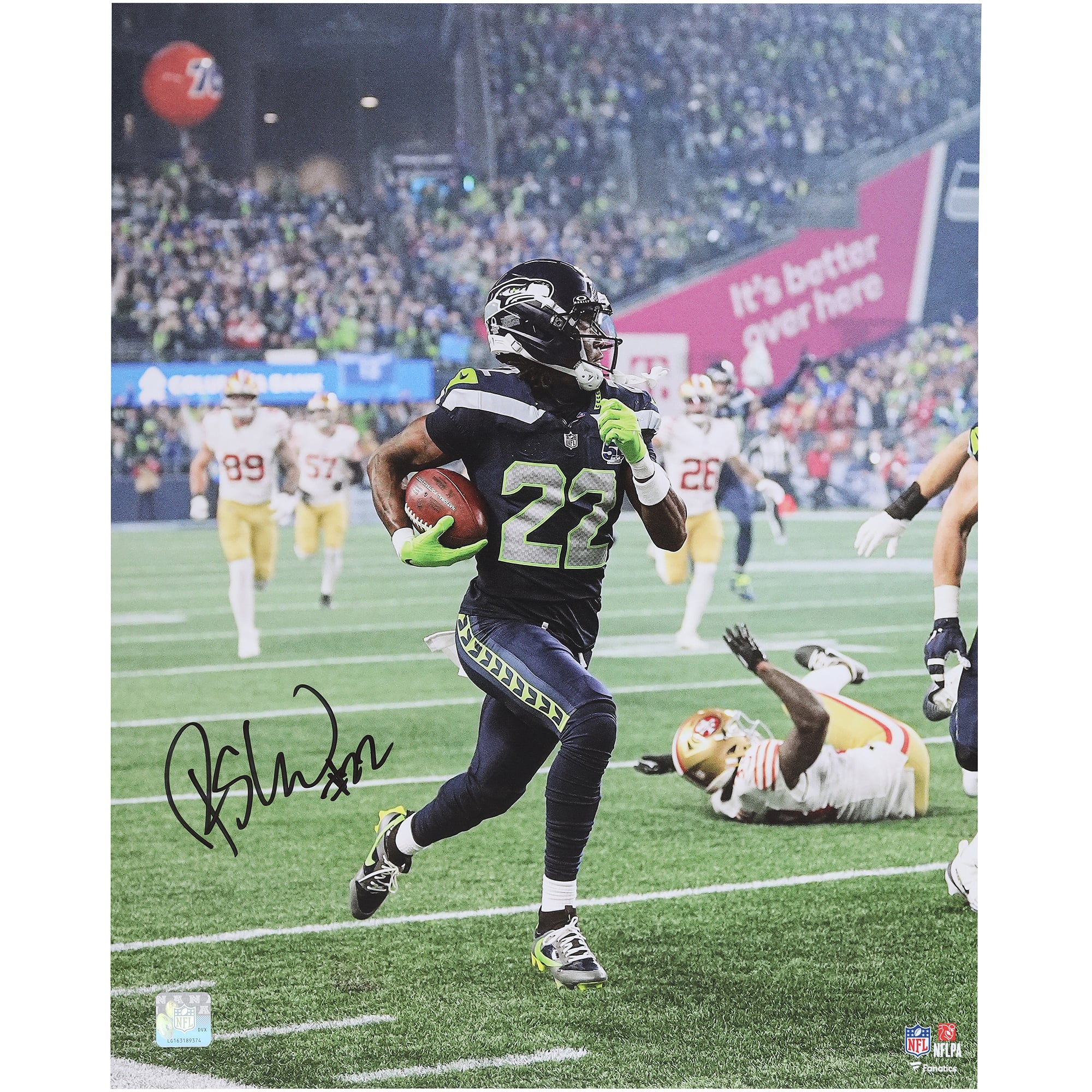 Photo autographiée de Rashid Shaheed (Seattle Seahawks) - 40,6 x 50,8 cm (16 x 20 pouces) - Touchdown sur retour de coup d'envoi lors du match de division NFC 2026 contre les 49ers de San Francisco