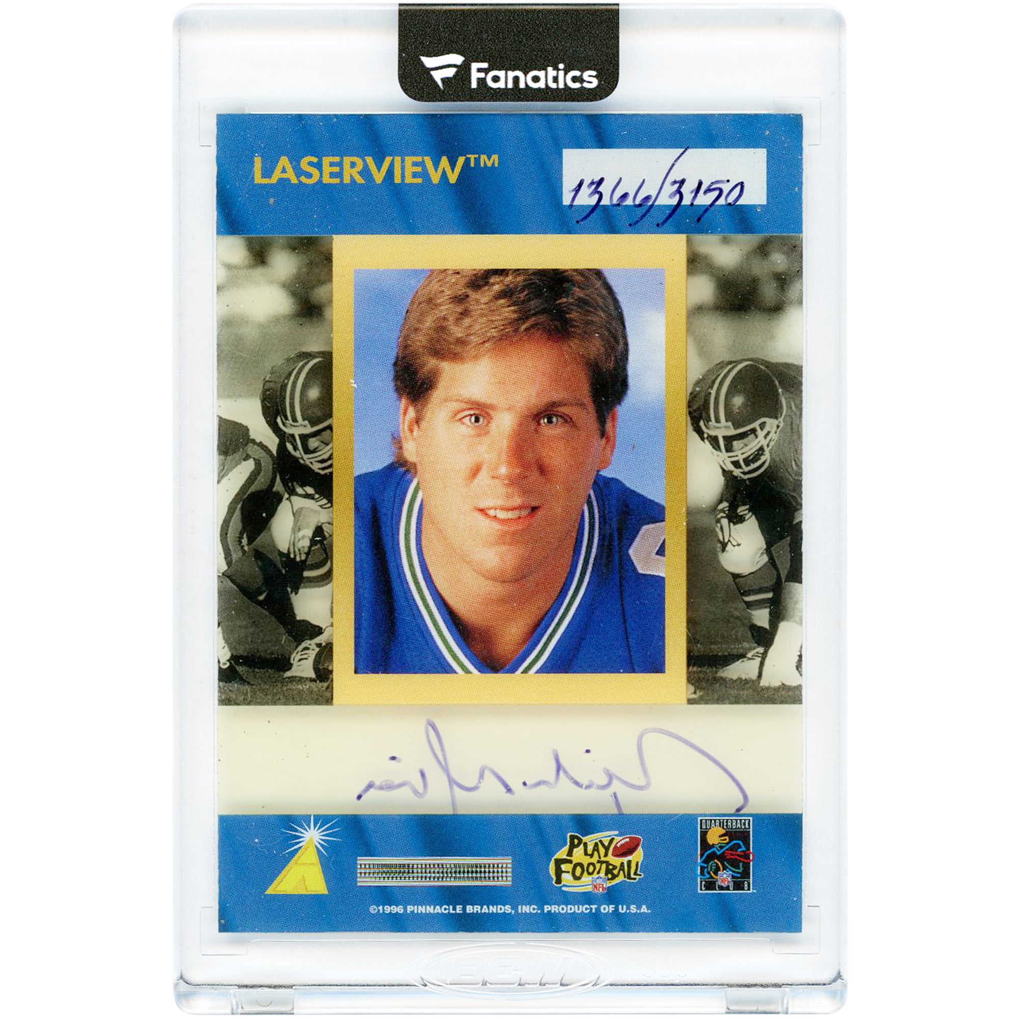 Carte autographiée de Rick Mirer (Seattle Seahawks) de 1996, Pinnacle Laserview Inscriptions #NNO #1366/3150
