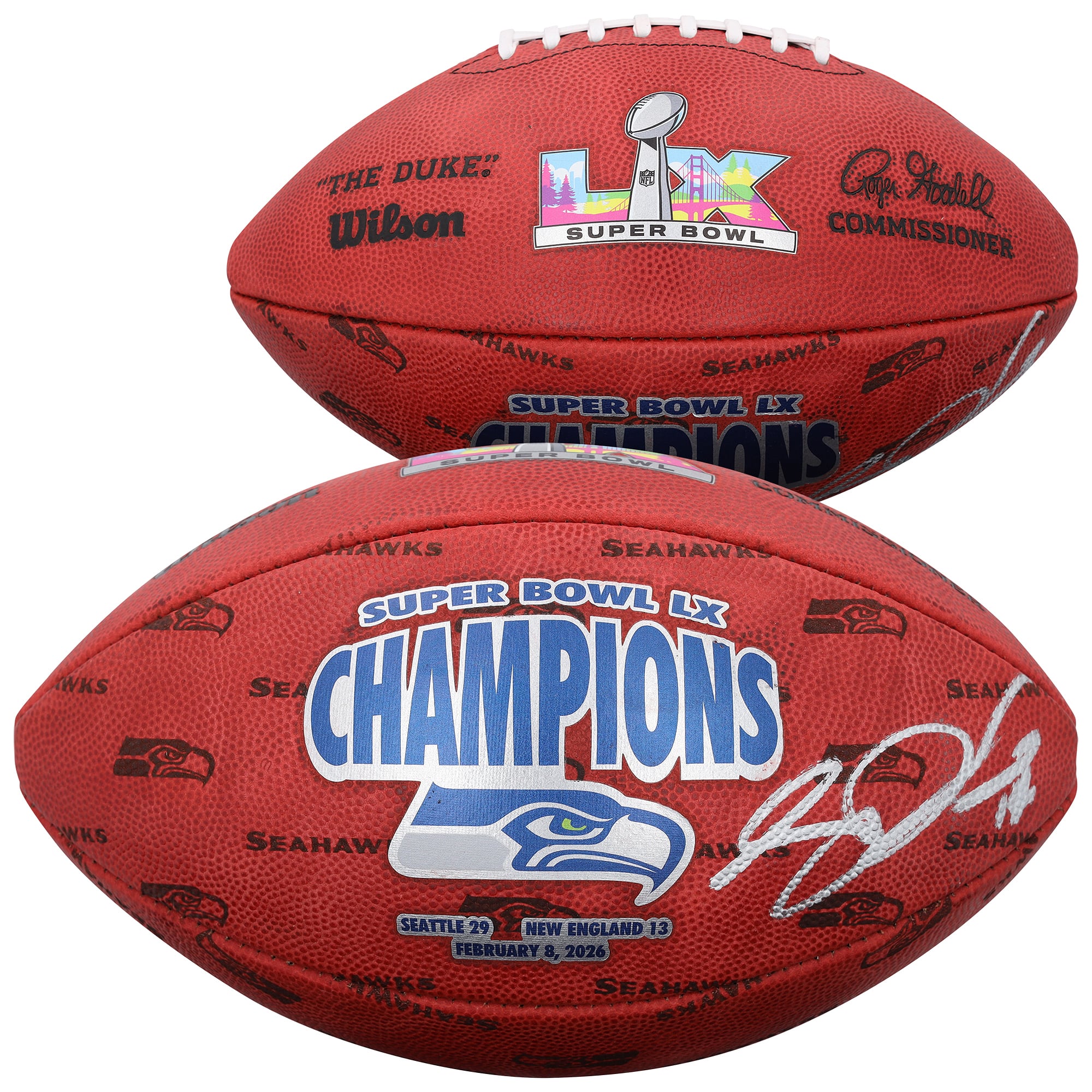 Ballon de football américain Wilson Duke, signé par Sam Darnold, des Seahawks de Seattle, champions du Super Bowl LX.