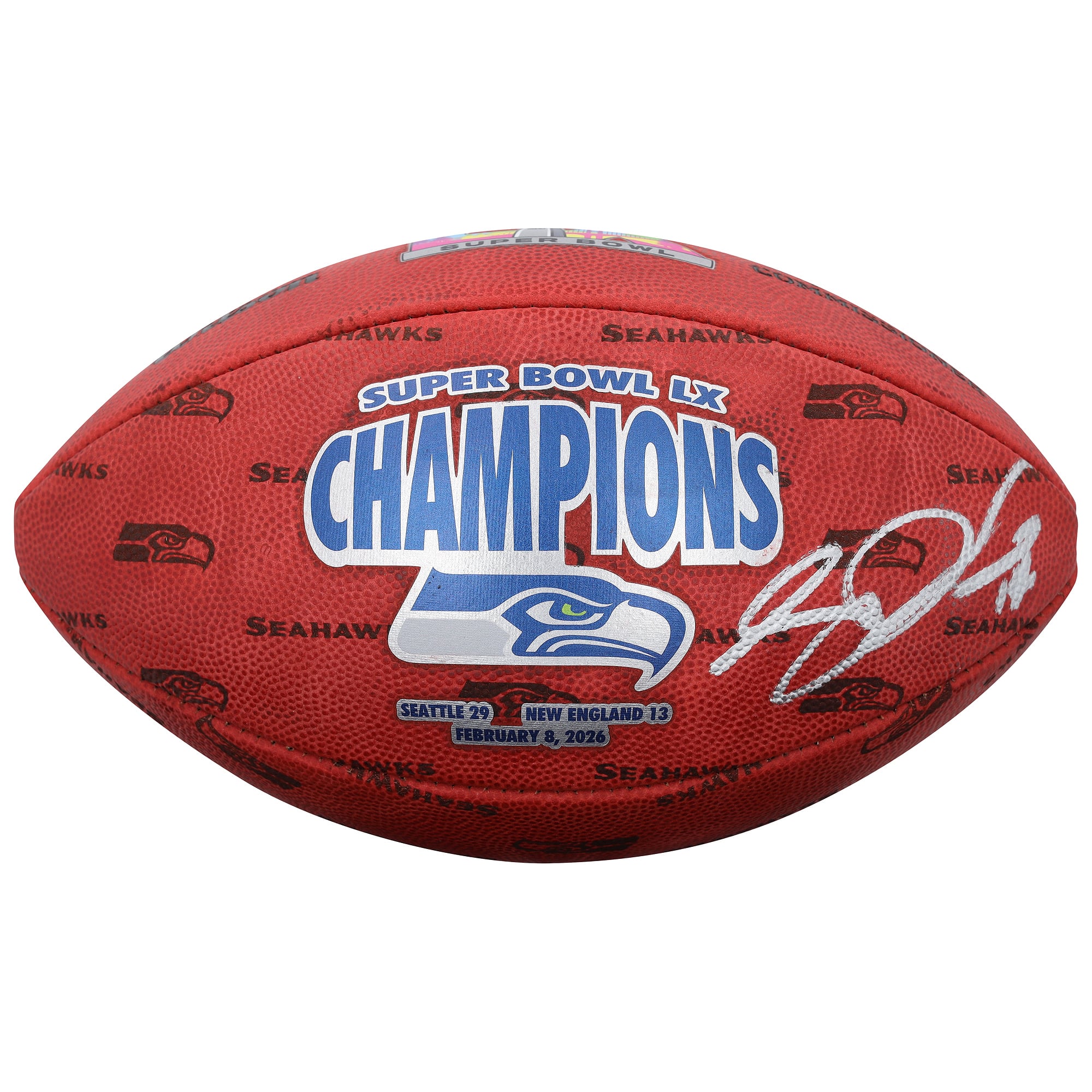 Ballon de football américain Wilson Duke, signé par Sam Darnold, des Seahawks de Seattle, champions du Super Bowl LX.