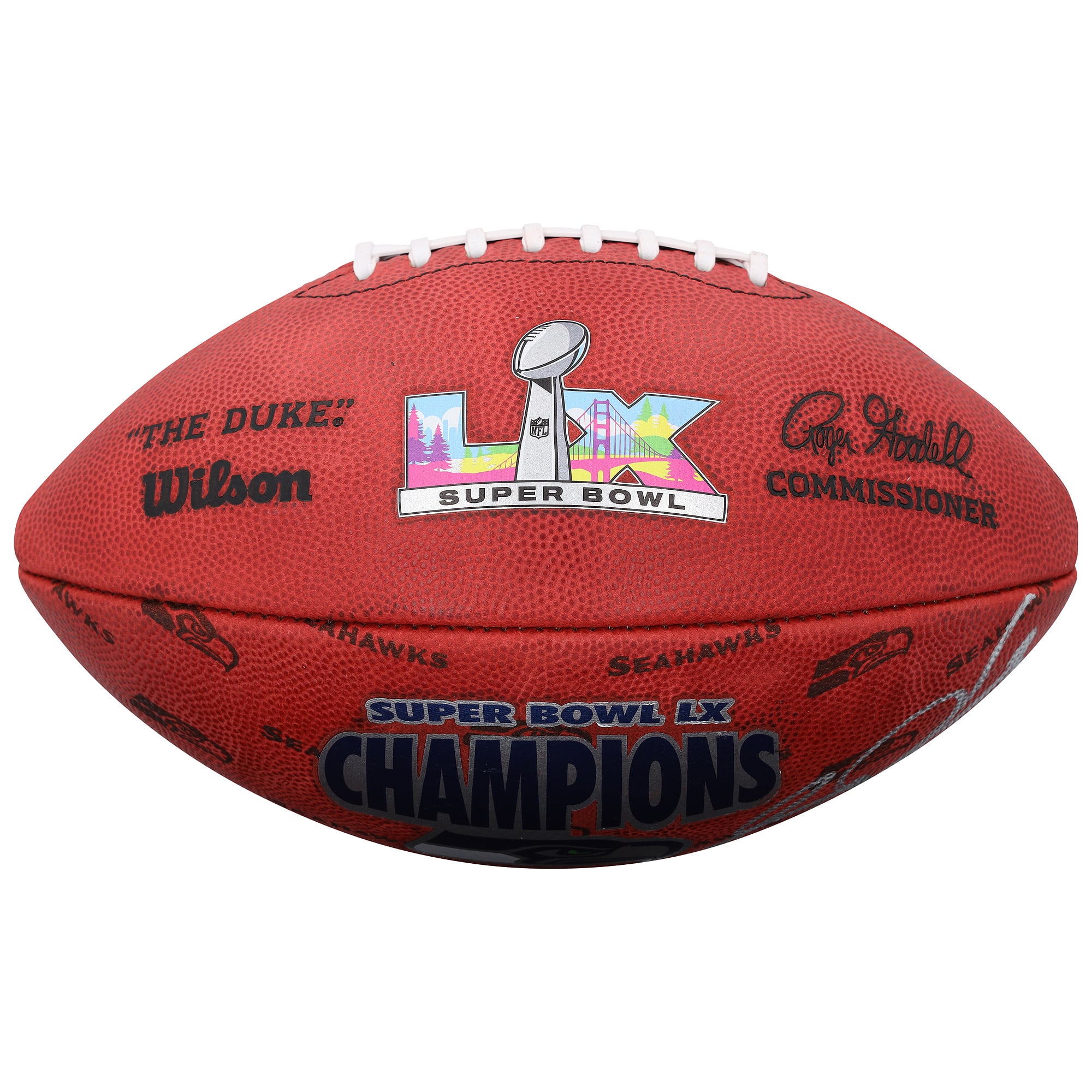Ballon de football américain Wilson Duke, signé par Sam Darnold, des Seahawks de Seattle, champions du Super Bowl LX.
