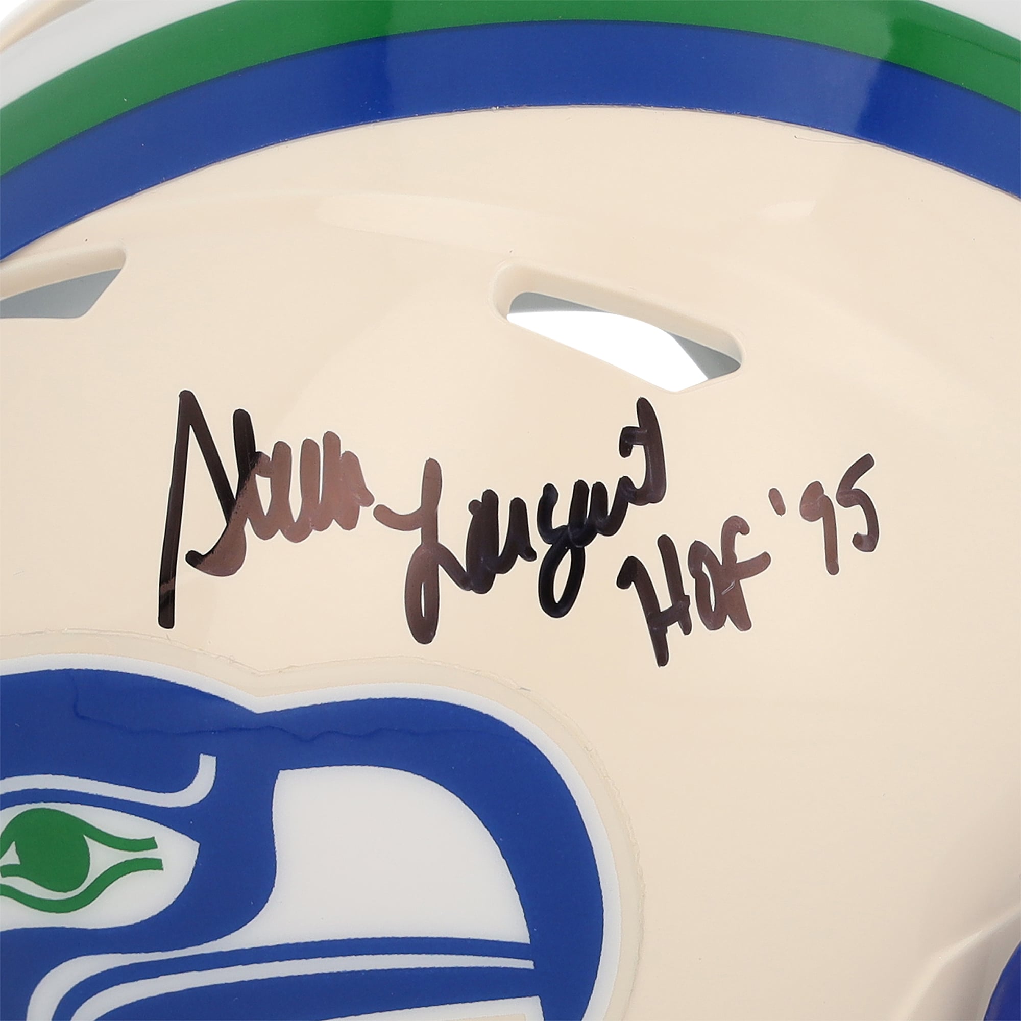 Casque miniature rétro Riddell Speed ​​autographié par Steve Largent des Seahawks de Seattle avec inscription « HOF 95 »