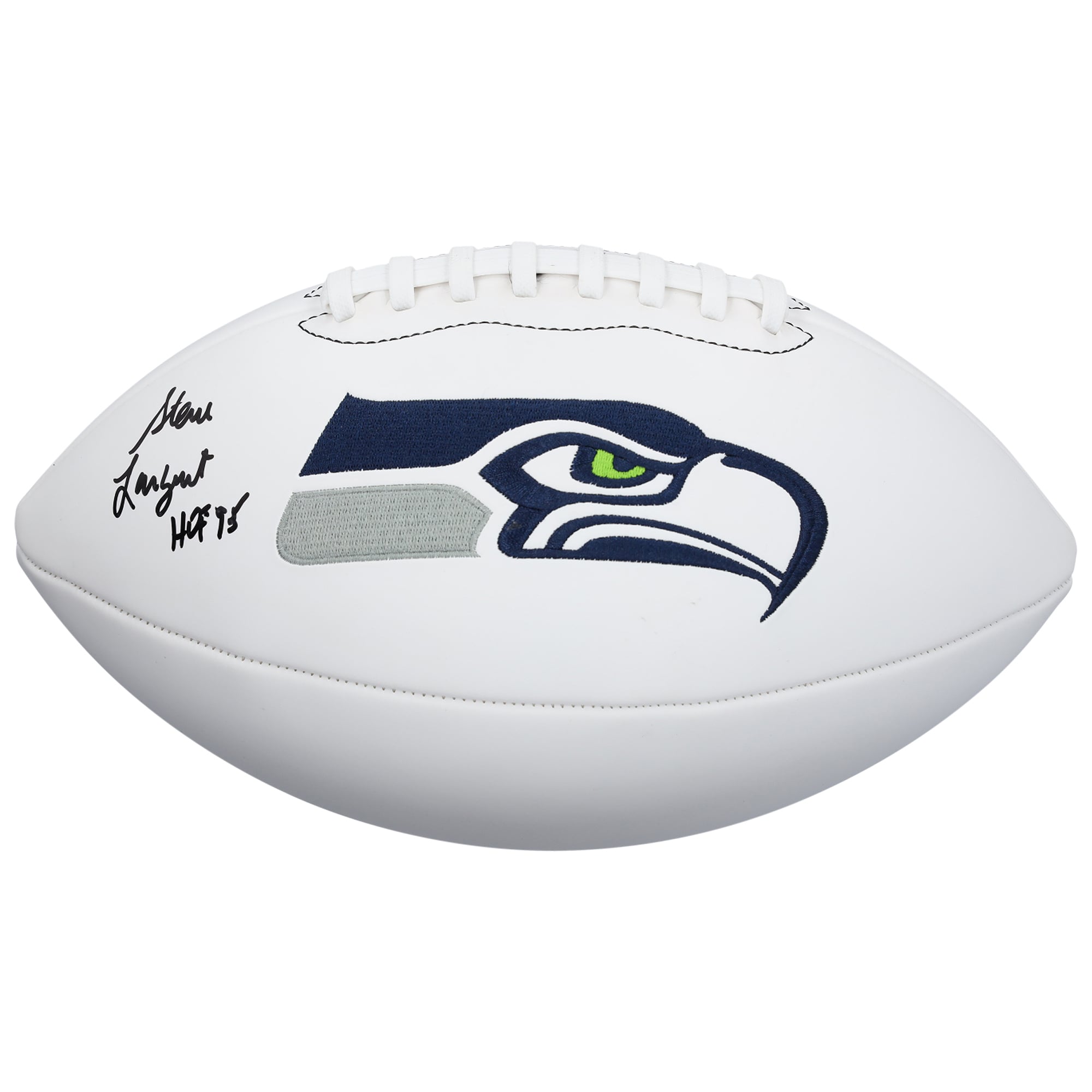 Ballon de football américain Wilson White Panel autographié par Steve Largent des Seahawks de Seattle avec inscription « HOF 95 »