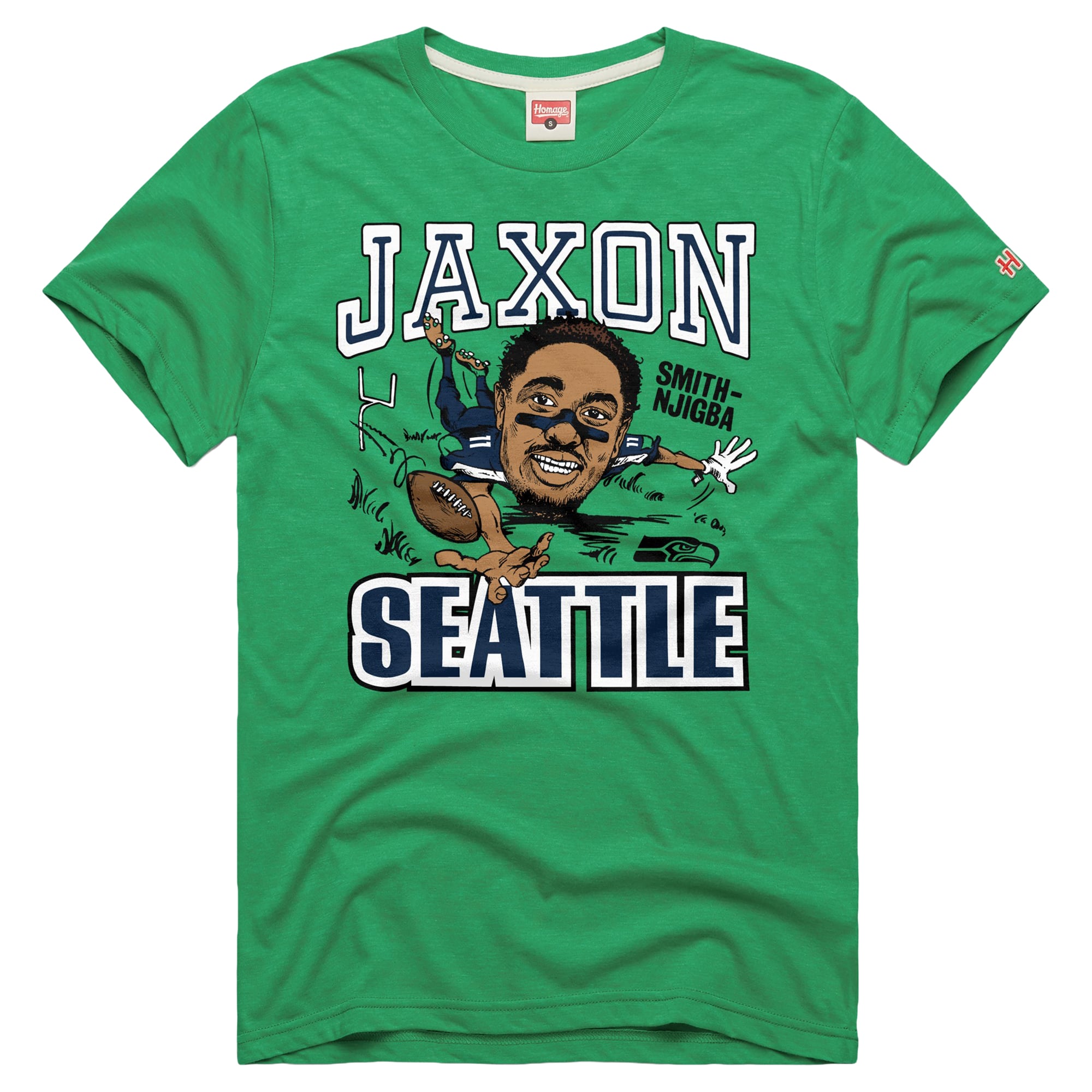 T-shirt unisexe en mélange de trois matières, hommage à Jaxon Smith-Njigba, vert fluo, Seattle Seahawks, caricature du joueur