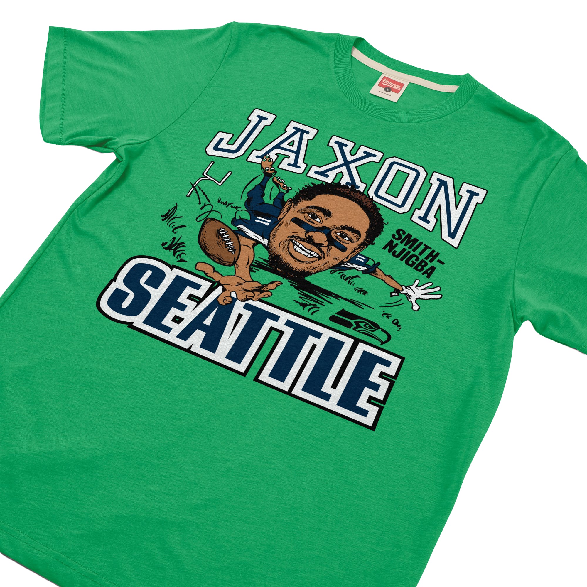 T-shirt unisexe en mélange de trois matières, hommage à Jaxon Smith-Njigba, vert fluo, Seattle Seahawks, caricature du joueur