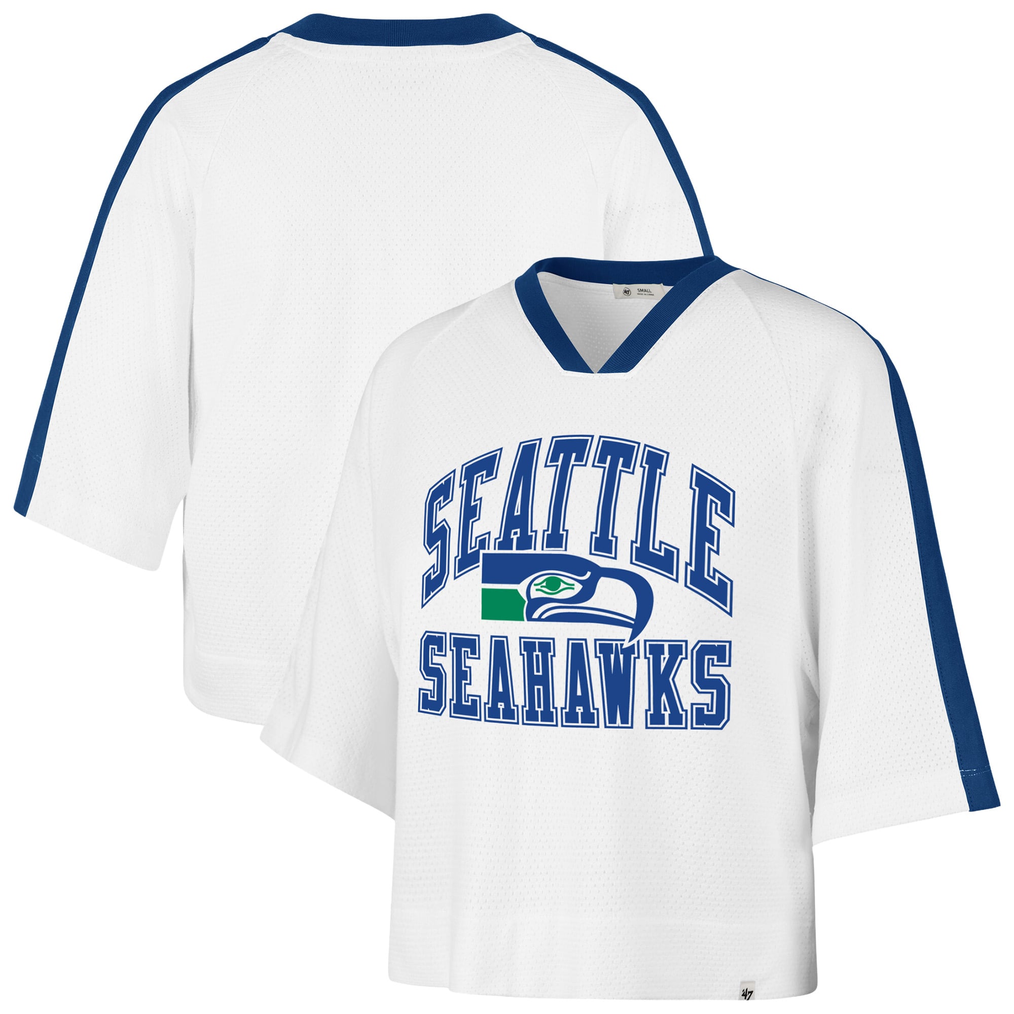 Women's '47 White Seattle Seahawks Big Overarch Drop Needle Raglan V-Neck T-Shirt