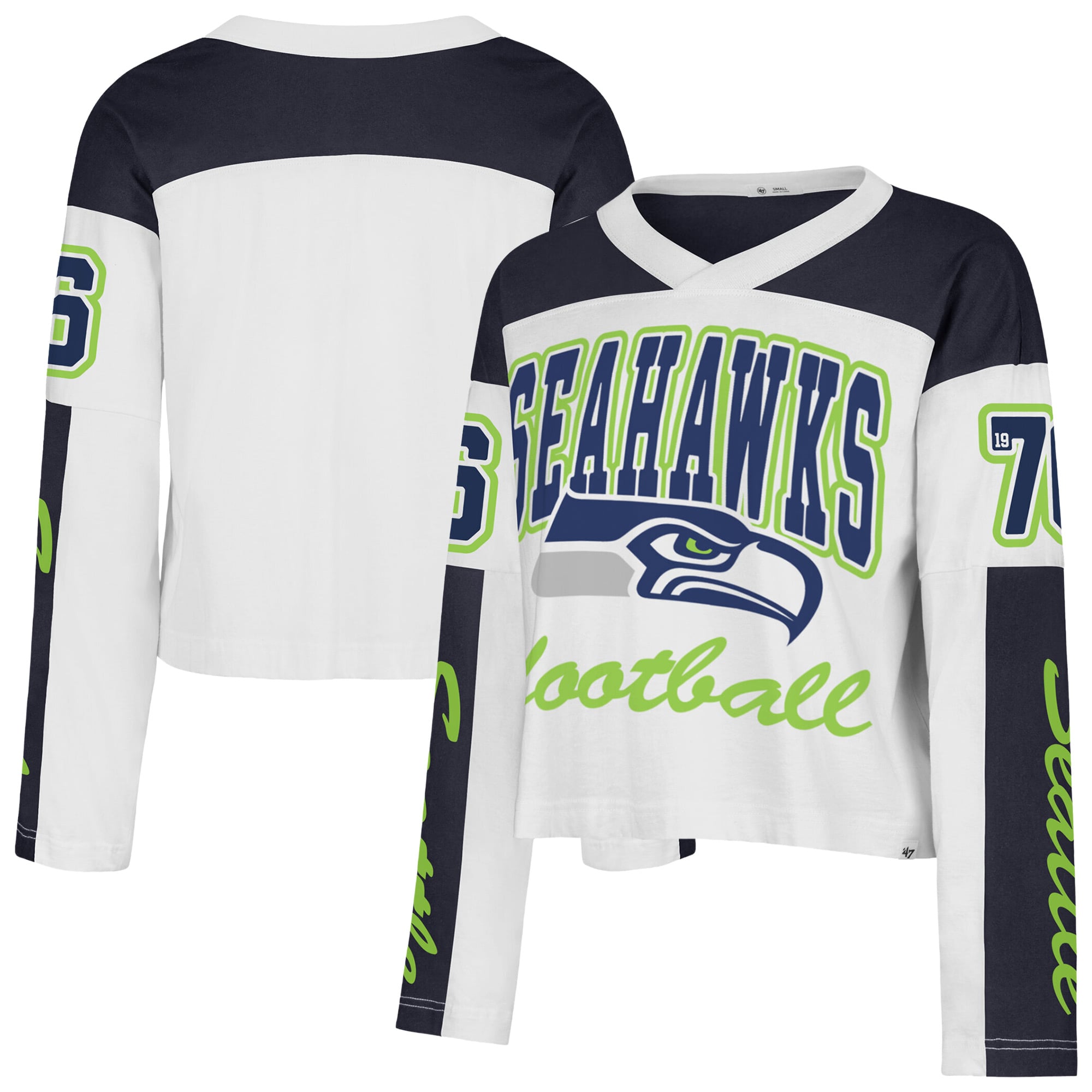 T-shirt à manches longues et col en V blanc Seattle Seahawks pour femme, modèle '47 Exclamation Metro
