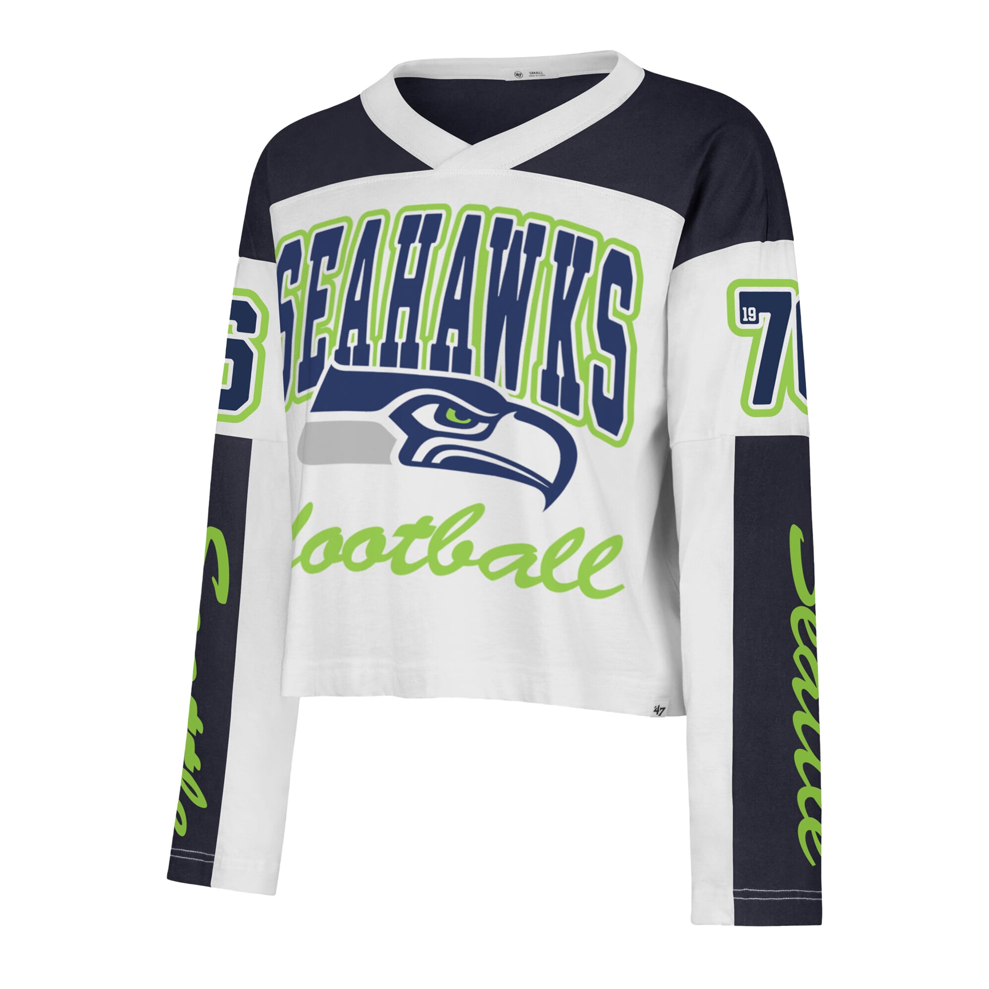 T-shirt à manches longues et col en V blanc Seattle Seahawks pour femme, modèle '47 Exclamation Metro