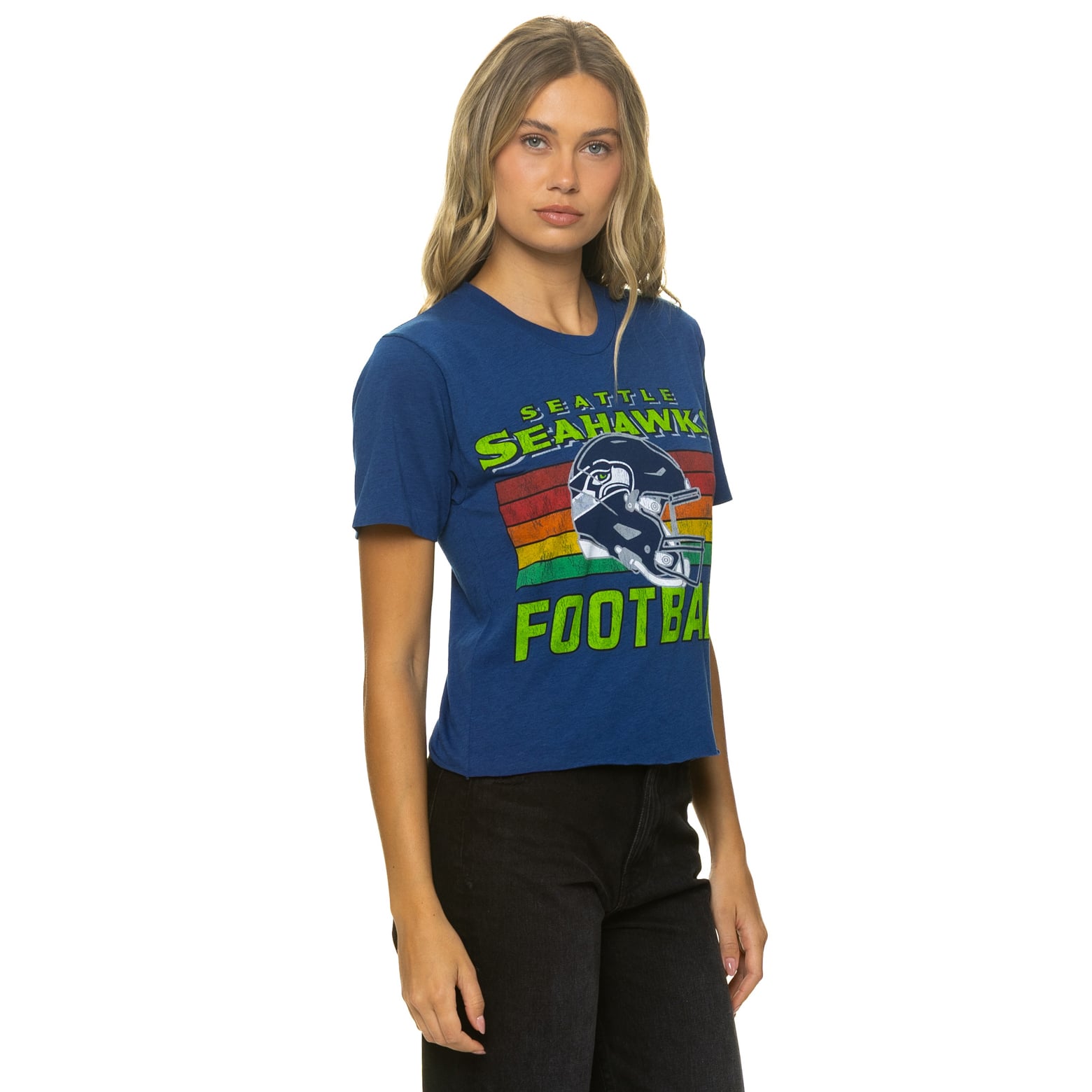 T-shirt Aviator Nation College Navy Seattle Seahawks pour femme, coupe carrée, style boyfriend, en mélange de trois matières