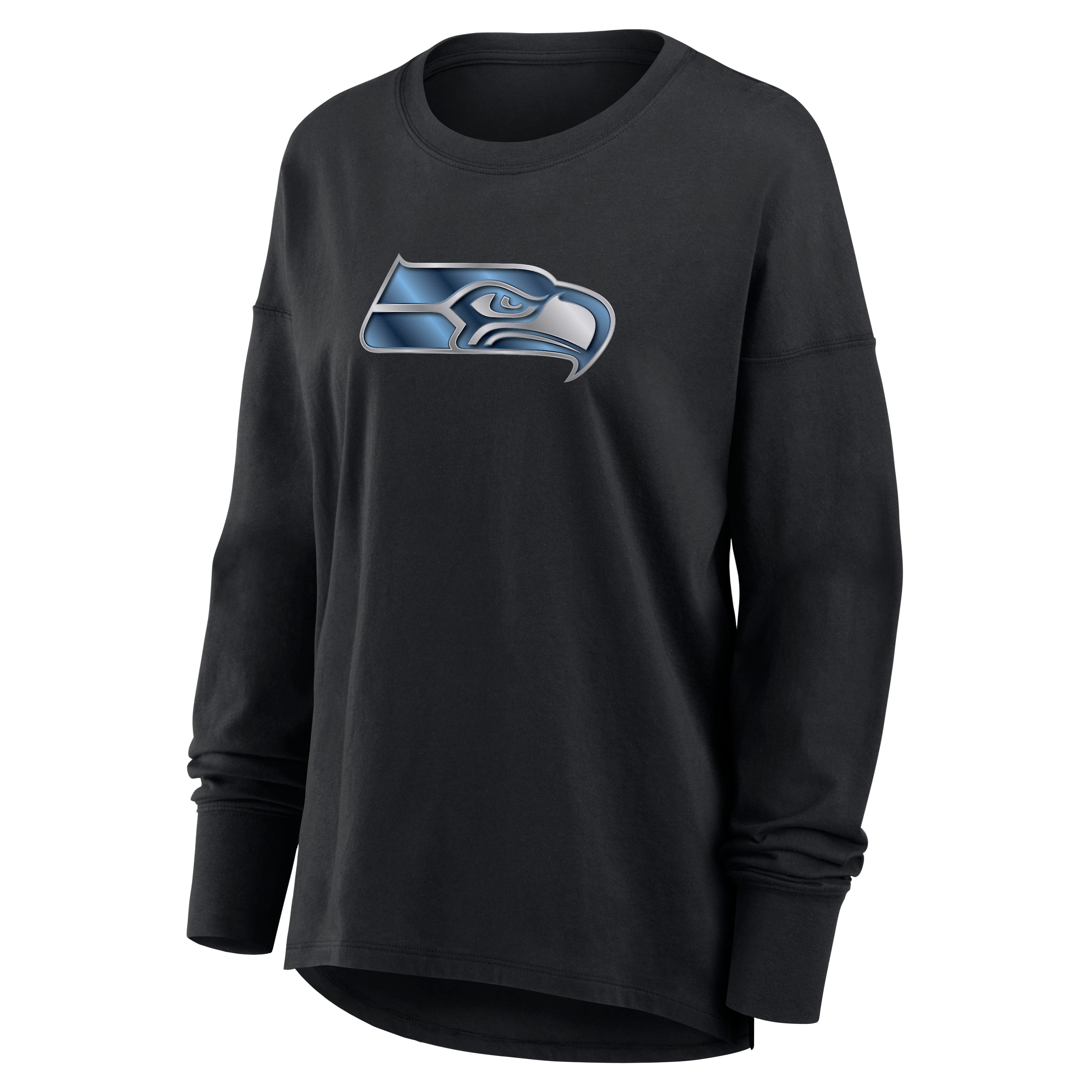 T-shirt à manches longues noir pour femme Seattle Seahawks avec mascotte métallique