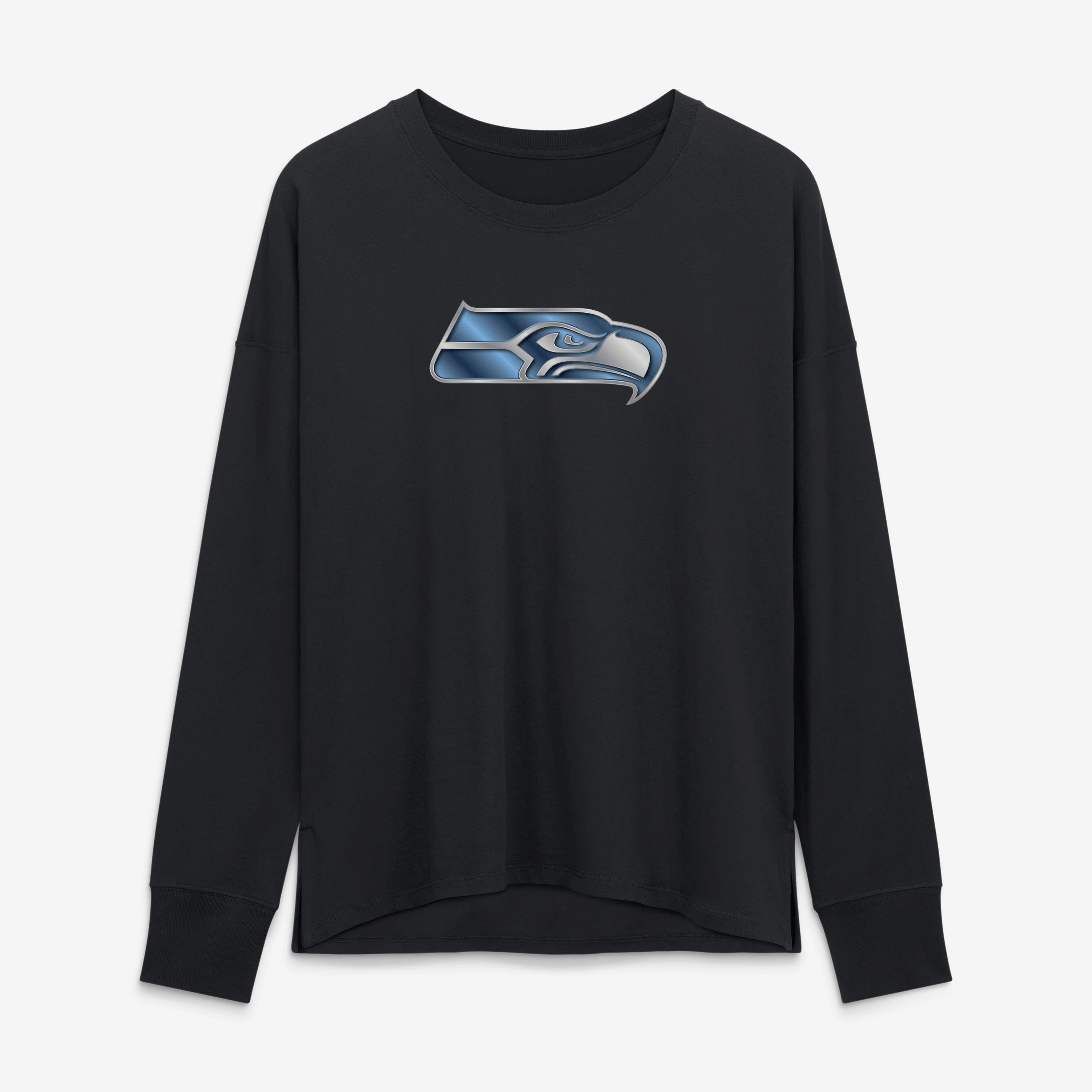 T-shirt à manches longues noir pour femme Seattle Seahawks avec mascotte métallique
