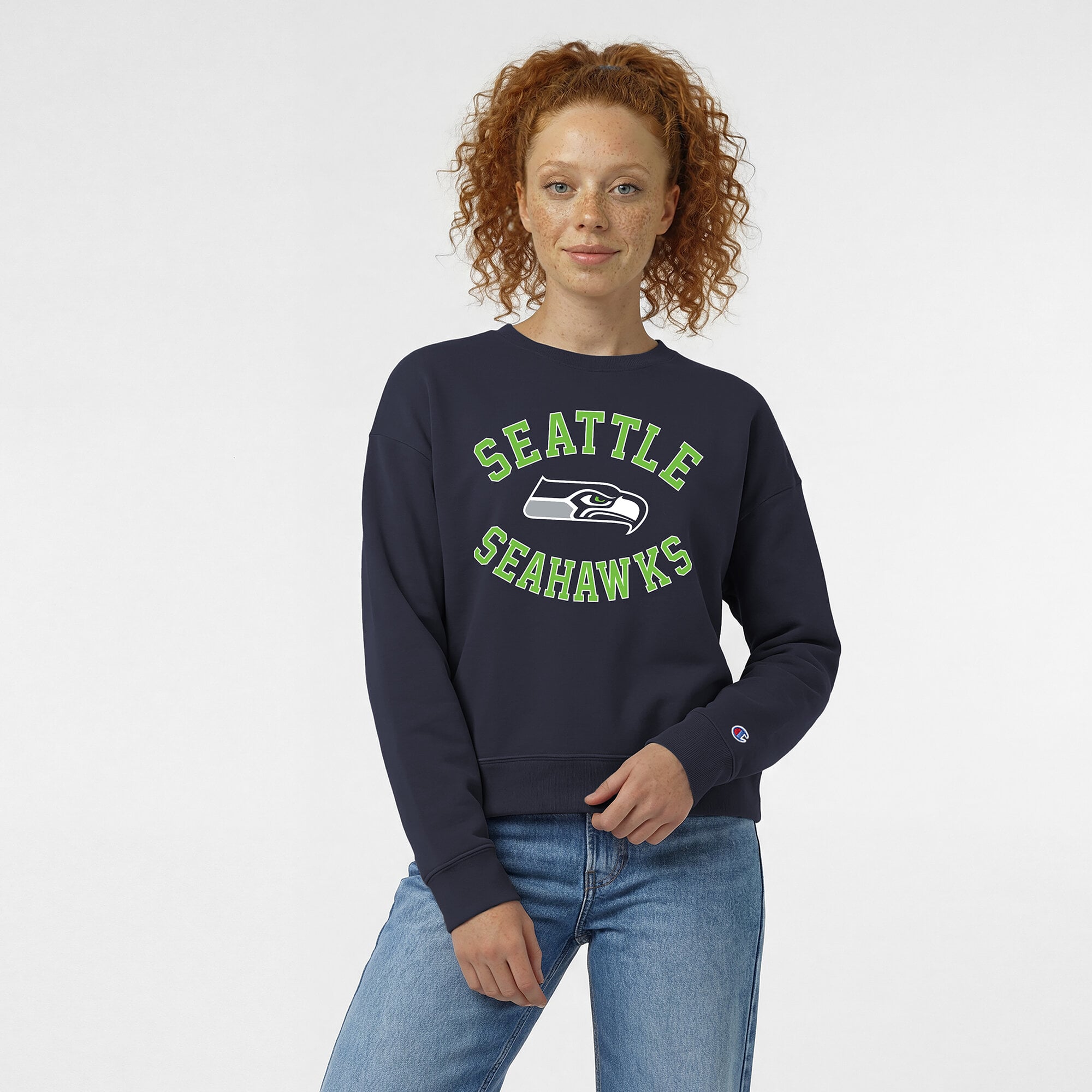 Women's Champion  College Navy Seattle Seahawks Heart & Soul Powerblend Sweatshirt