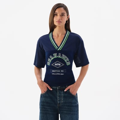 Seattle Seahawks Off Season Women's Lace-Back V-Neck T-Shirt - College Navy