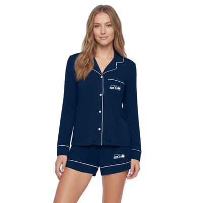  Seattle Seahawks Concepts Sport Women's Medley Long Sleeve Button-Up and Shorts Sleep Set - College Navy