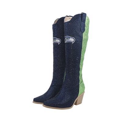  Seattle Seahawks Cuce Women's Two-Tone Crystal Cowboy Boot - College Navy/Neon Green