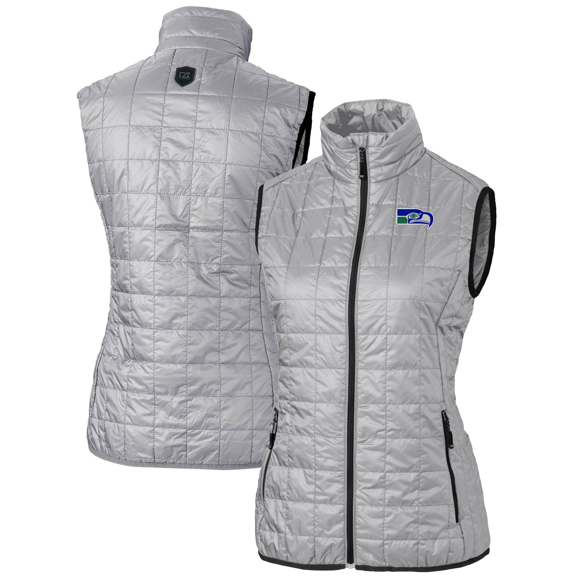Gilet matelassé entièrement zippé Rainier PrimaLoft Eco pour femme, gris, avec logo rétro des Seattle Seahawks, Cutter & Buck