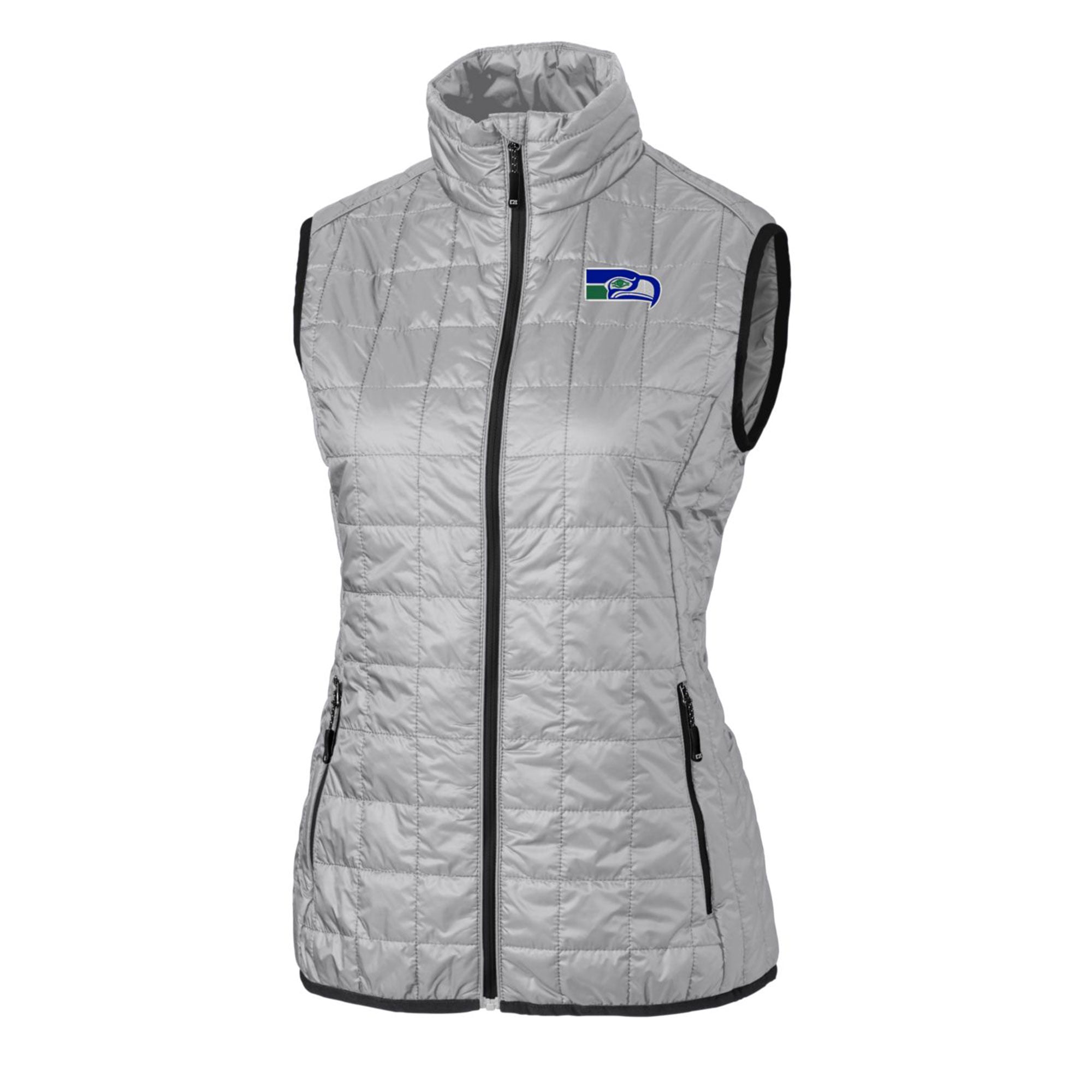 Gilet matelassé entièrement zippé Rainier PrimaLoft Eco pour femme, gris, avec logo rétro des Seattle Seahawks, Cutter & Buck