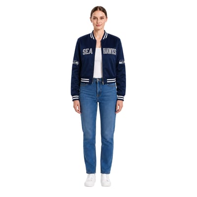 Seattle Seahawks FABGATING by Cuce Women's Cropped Team Full-Zip Bomber Jacket - College Navy