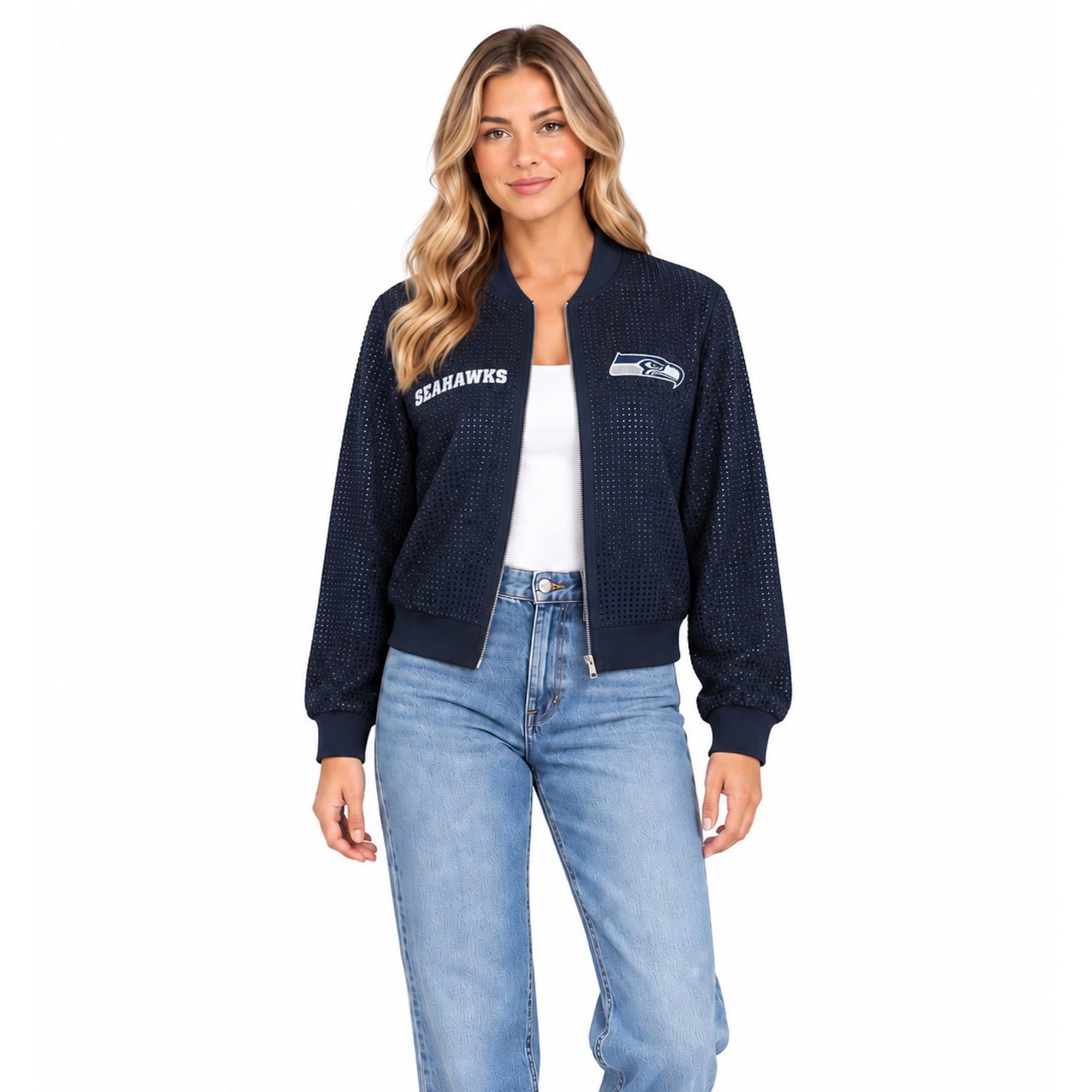 Veste bomber zippée intégrale FABGATING by Cuce College Navy Seattle Seahawks Crystal pour femme