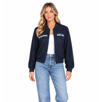 Seattle Seahawks FABGATING by Cuce Women's Crystal Full-Zip Bomber Jacket - College Navy