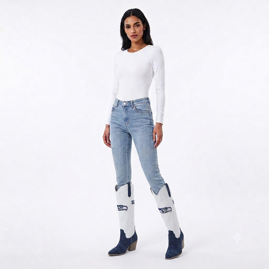 Seattle Seahawks FABGATING by Cuce Women's Crystal Cowboy Boots - White