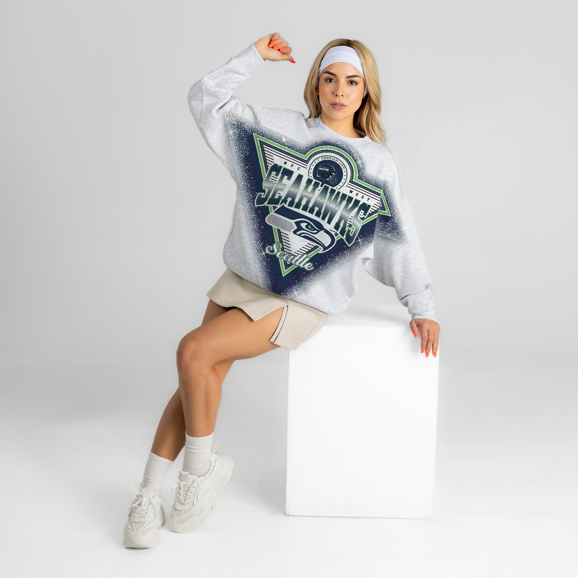 Women's Gameday Couture Ash Seattle Seahawks Chasing Victory Rhinestone Spray Oversized Fleece Sweatshirt
