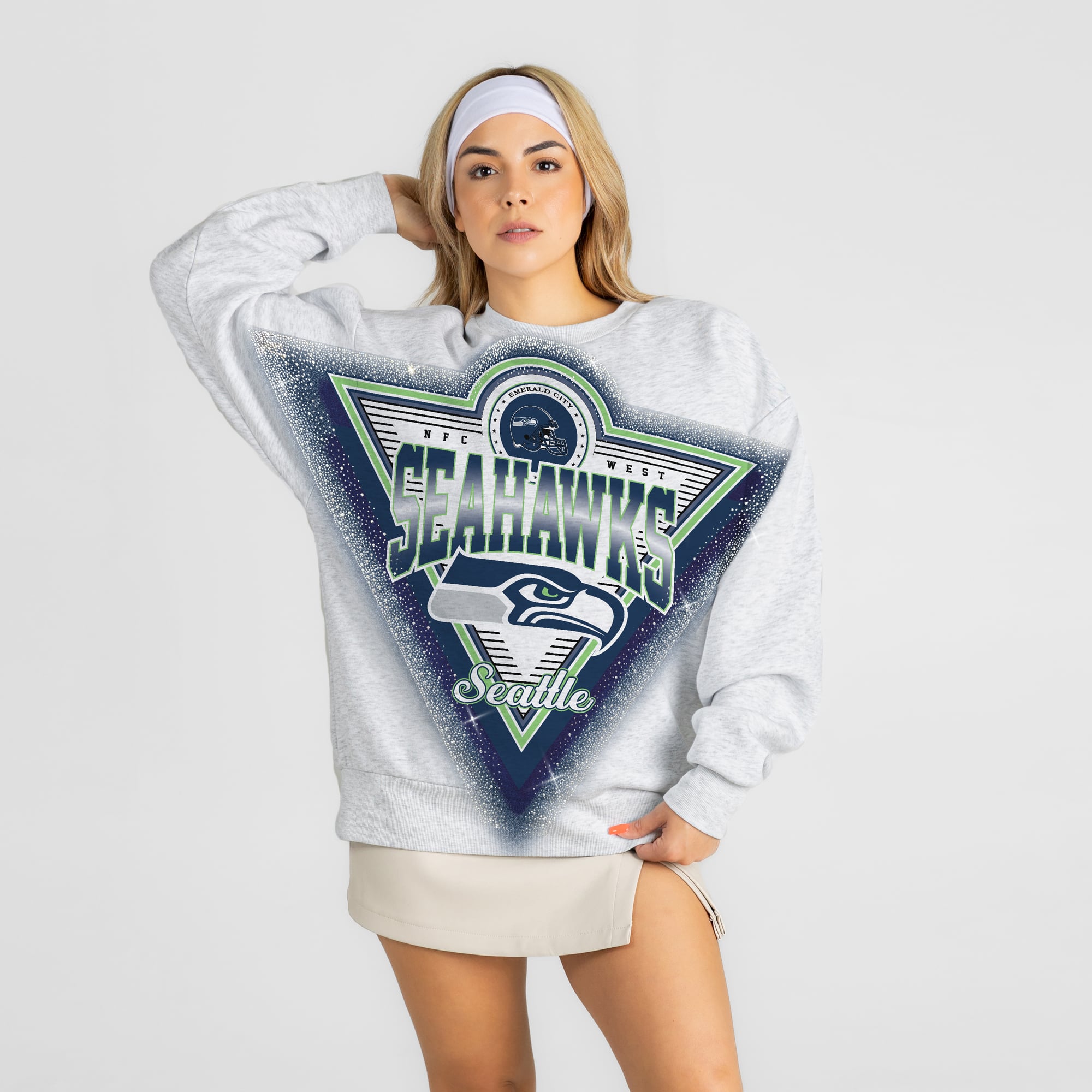 Women's Gameday Couture Ash Seattle Seahawks Chasing Victory Rhinestone Spray Oversized Fleece Sweatshirt