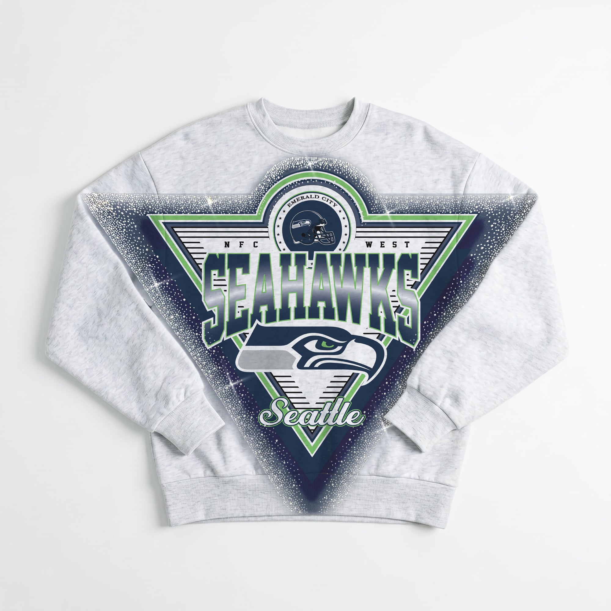 Women's Gameday Couture Ash Seattle Seahawks Chasing Victory Rhinestone Spray Oversized Fleece Sweatshirt