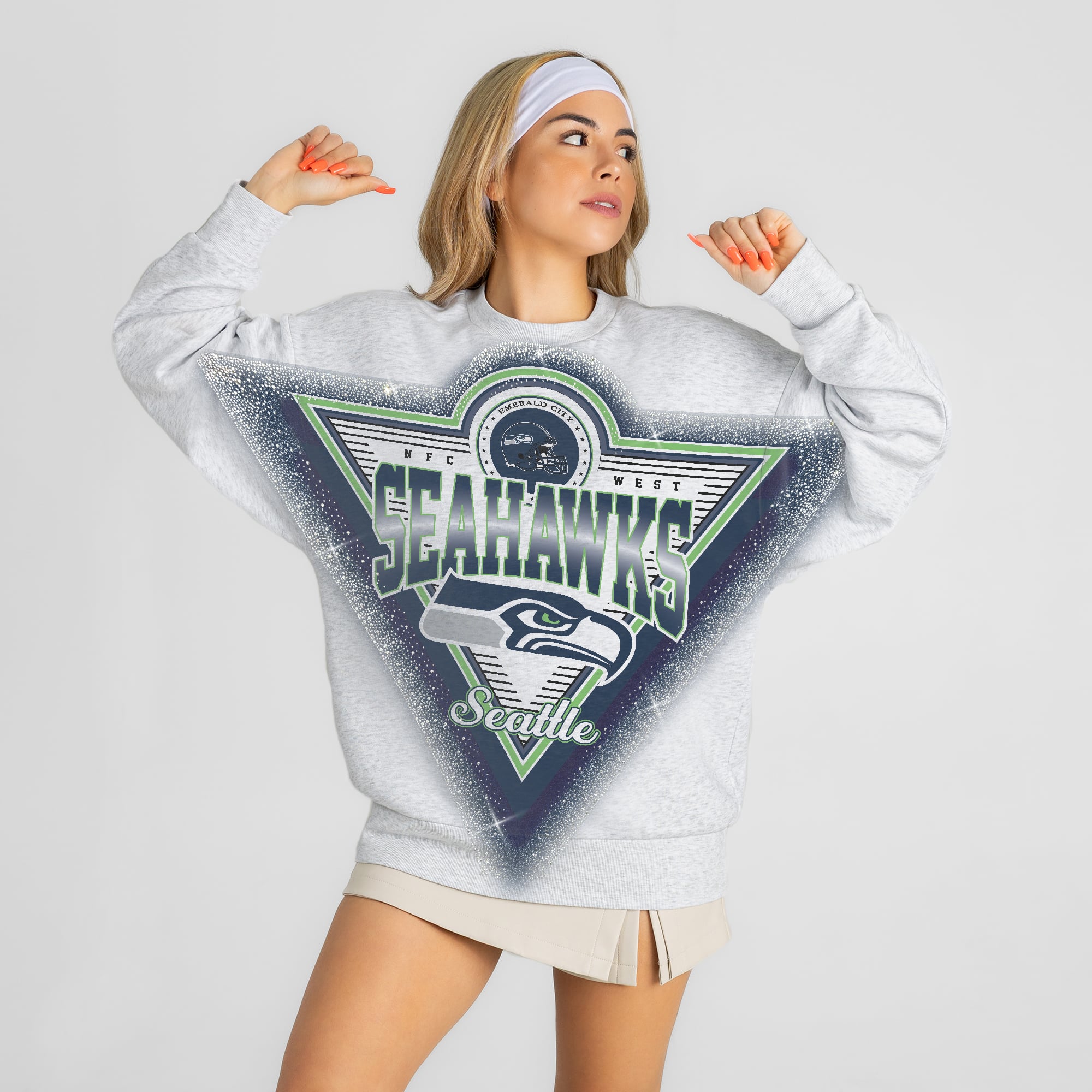 Women's Gameday Couture Ash Seattle Seahawks Chasing Victory Rhinestone Spray Oversized Fleece Sweatshirt