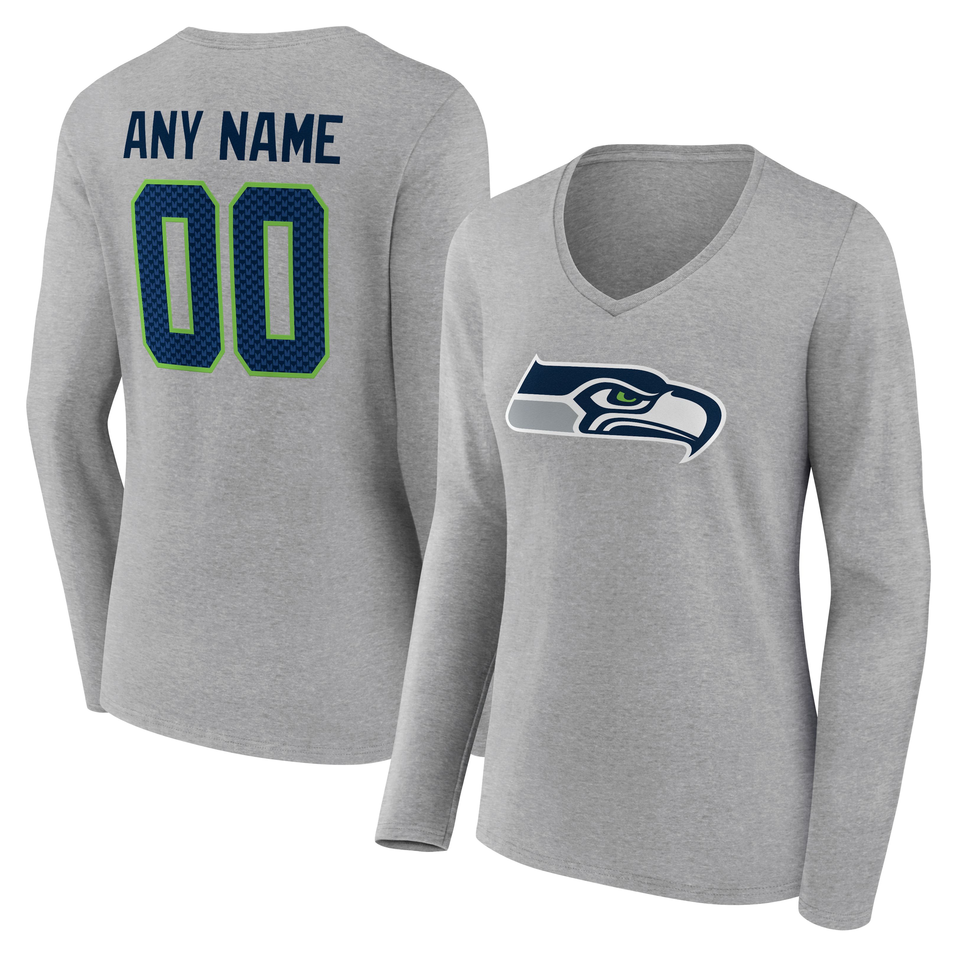 Women's Gray Seattle Seahawks Team Authentic Personalized Name & Number Long Sleeve V-Neck T-Shirt