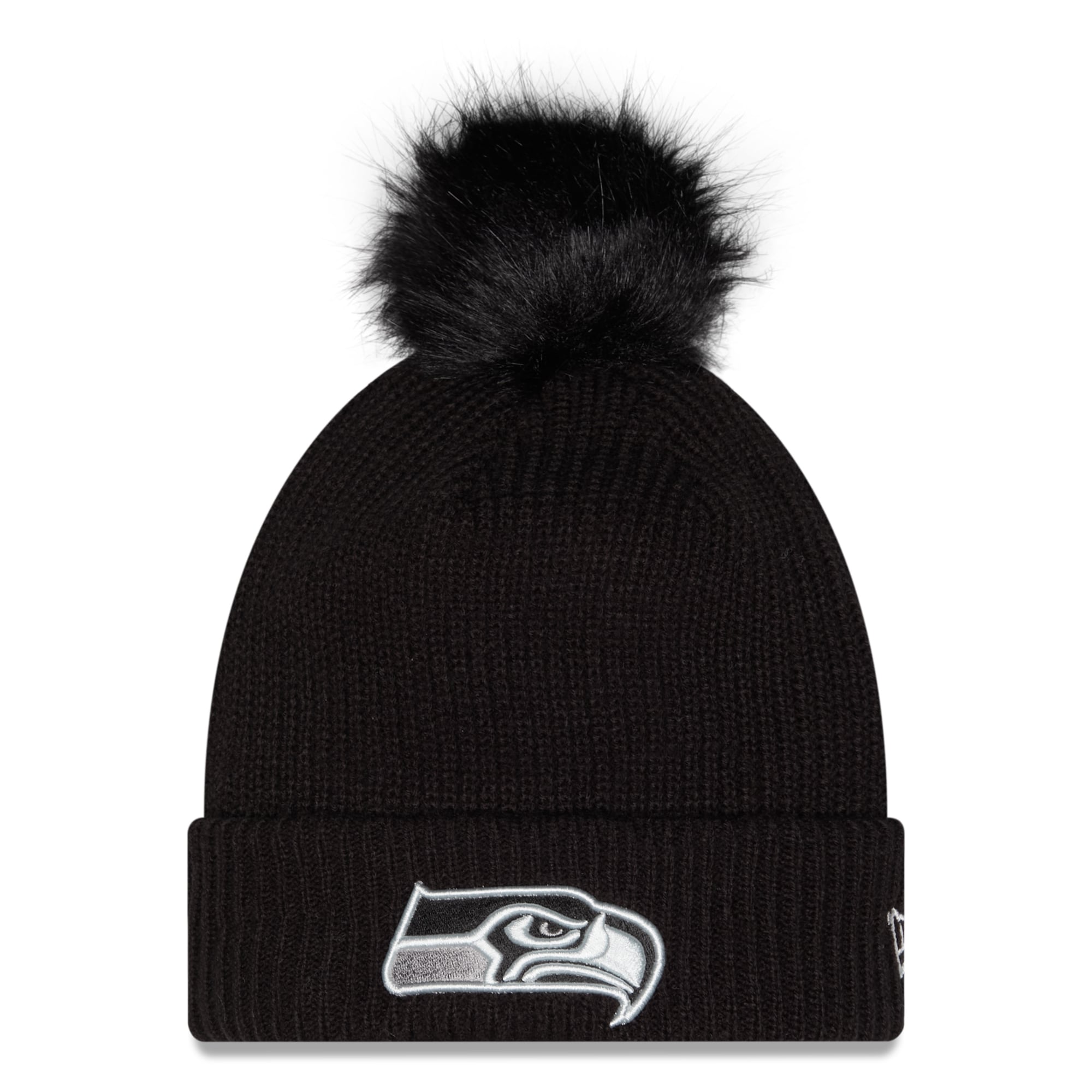Bonnet à revers New Era noir Seattle Seahawks 2026 Salute To Service pour femme, avec pompon