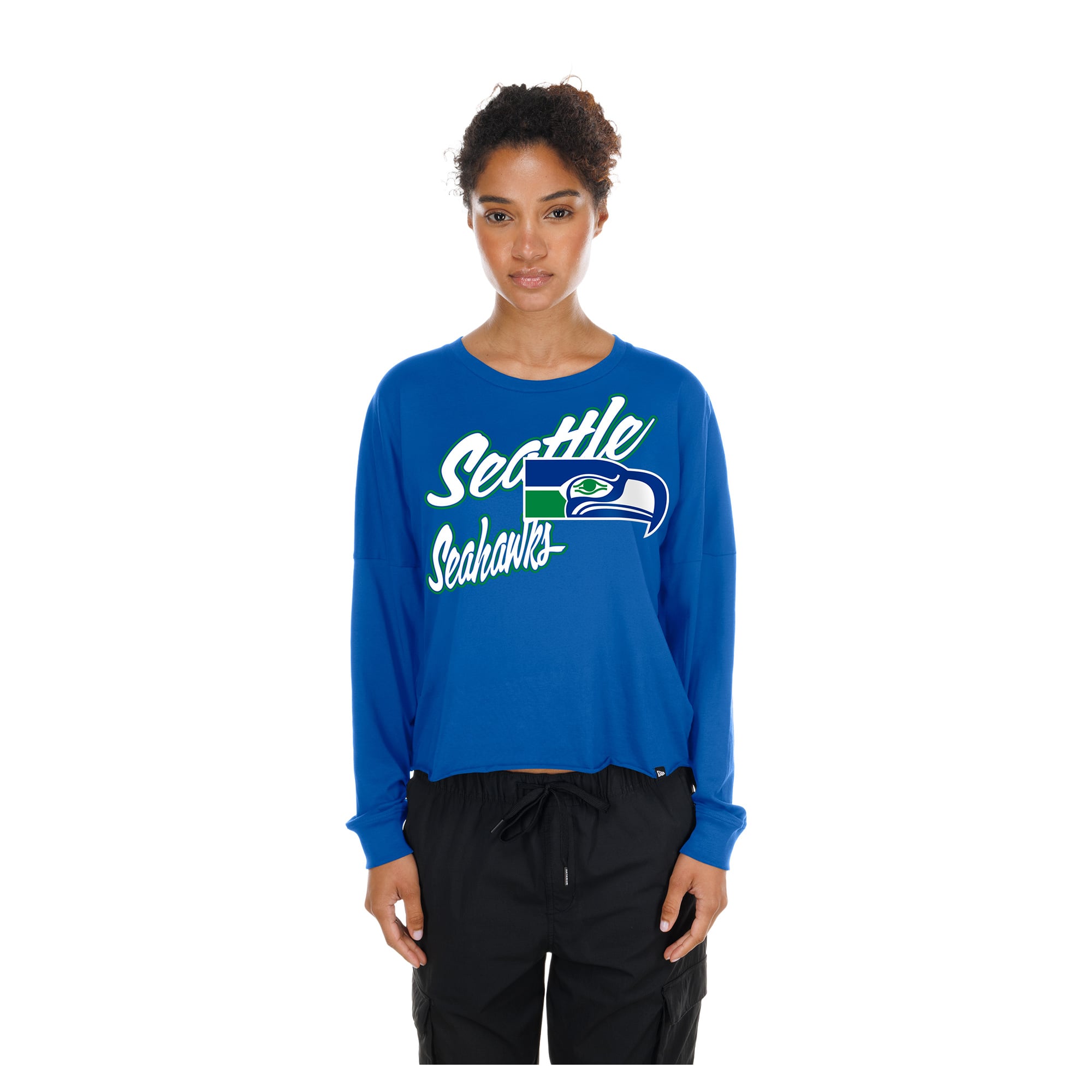 T-shirt court oversize à manches longues New Era bleu Seattle Seahawks pour femme