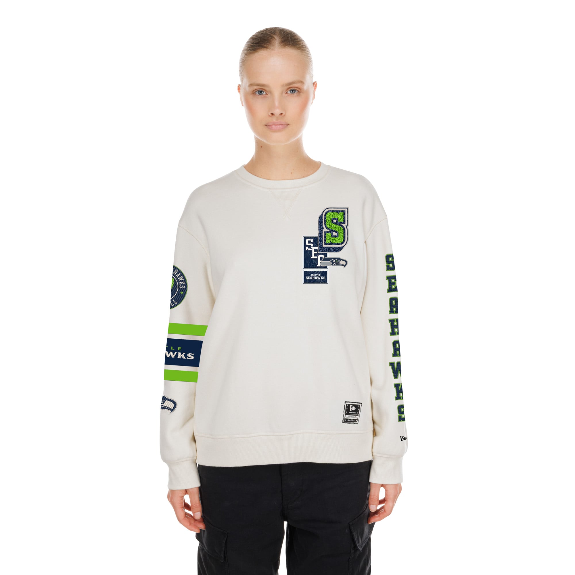 Sweat-shirt à col rond New Era crème Seattle Seahawks pour femme